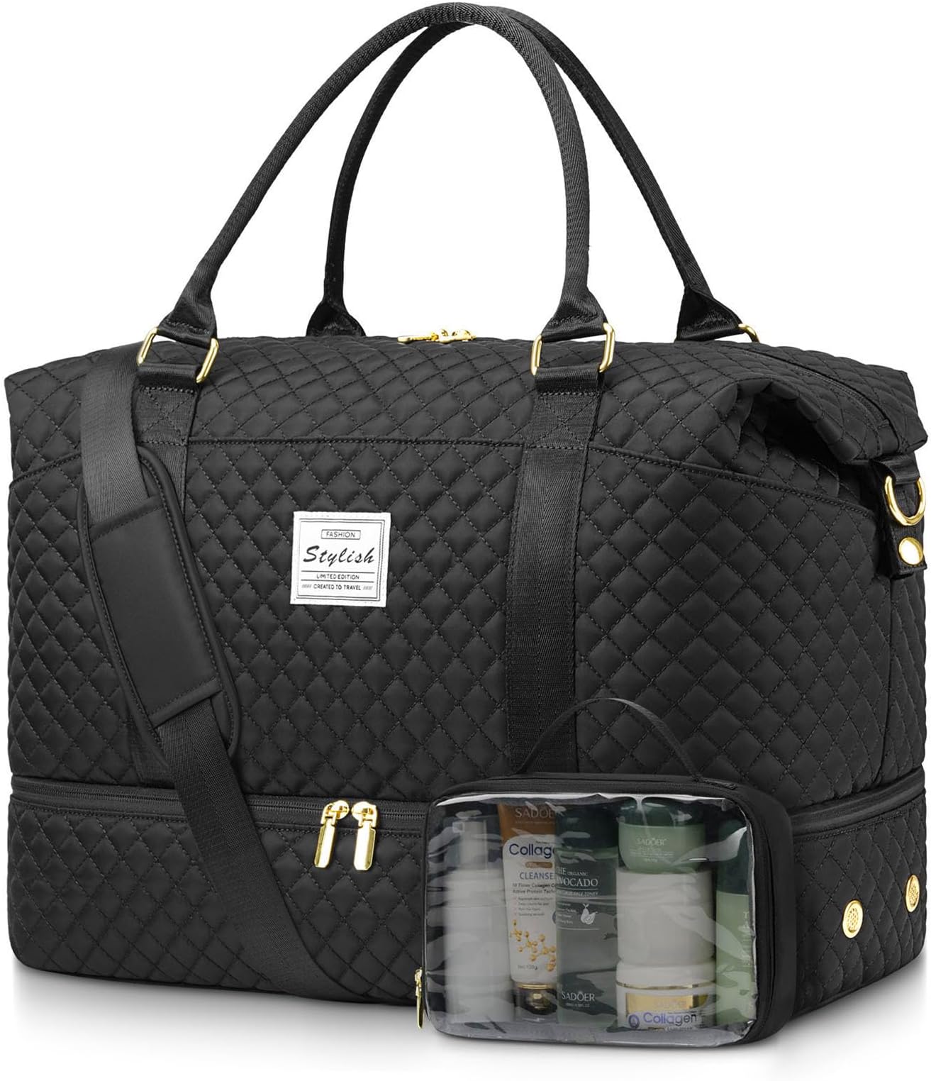Overnight Weekender Bag for Women - Duffle Bags with Shoe Compartment Carry On Bag with Wet Pocket for Yoga Gym Travel Bags with Toiletry Bag for Business Trips Hospital Bags Black