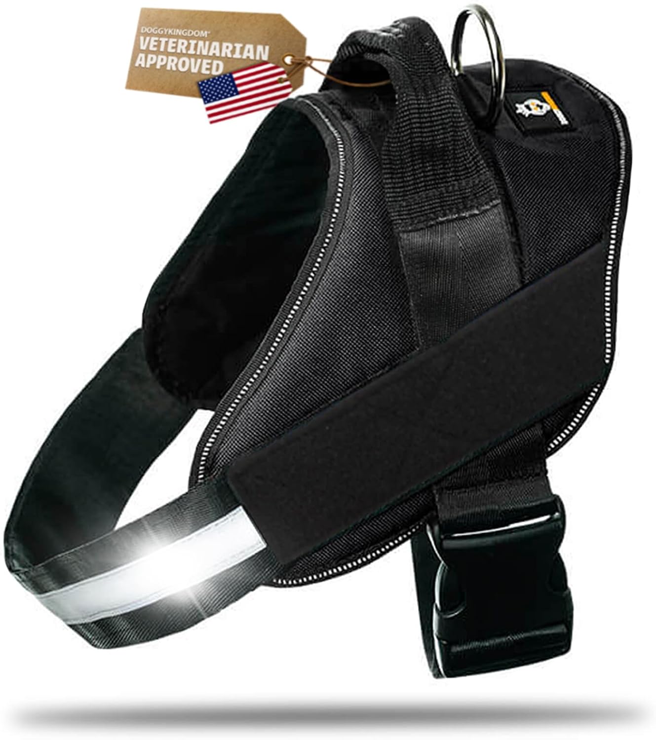 DOGGYKINGDOM Dog Harness with Patch Panels, No Choke, Reflective, Adjustable, Soft Padded Dog Vest Harness with Easy Control Handle for Medium Sized Dog, Black, M