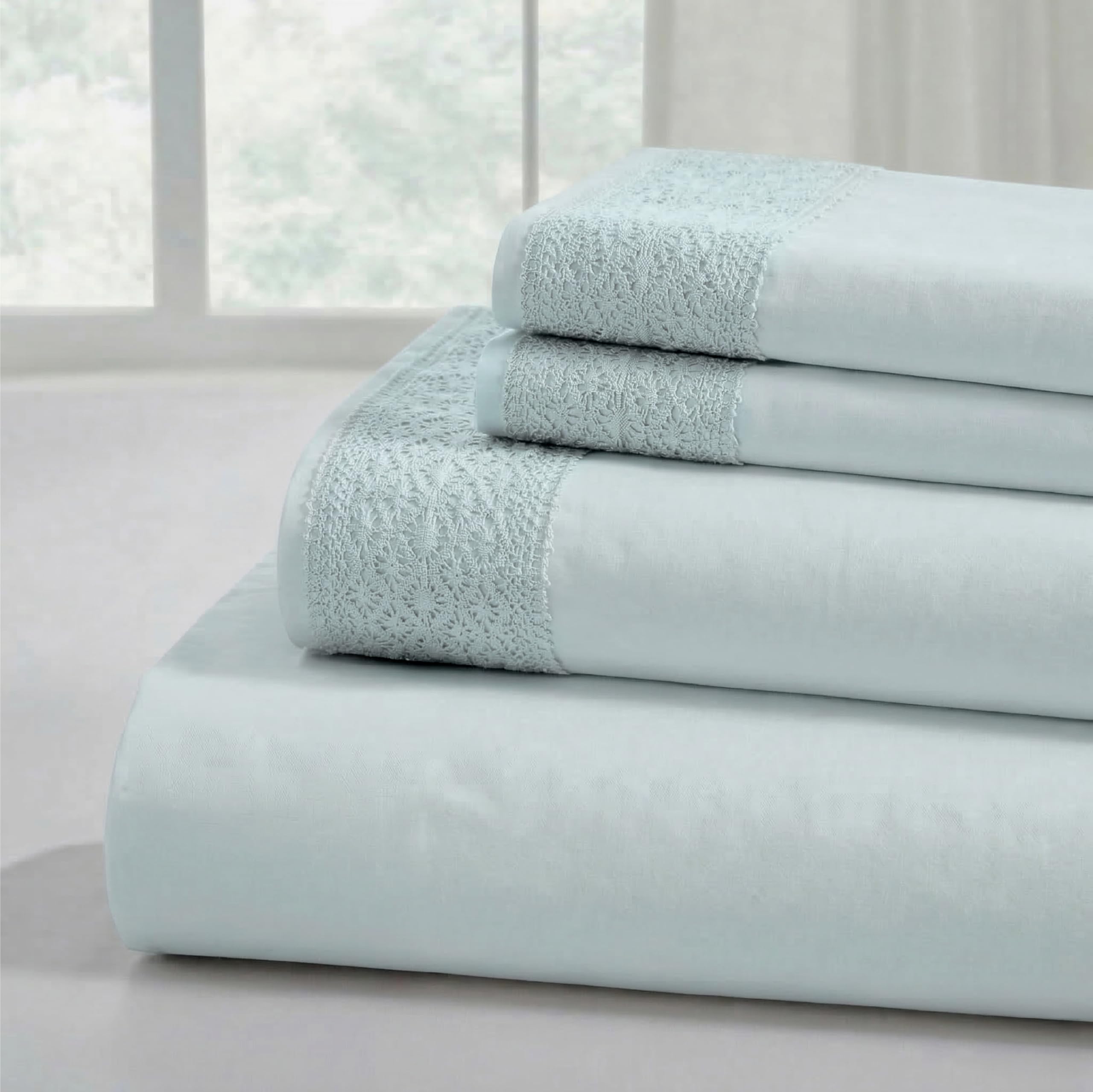 Modern Threads Pacific Coast Textiles 4 Piece Crochet LACE Microfiber Sheet Set SEAMIST King, Microfibre, Sea Mist