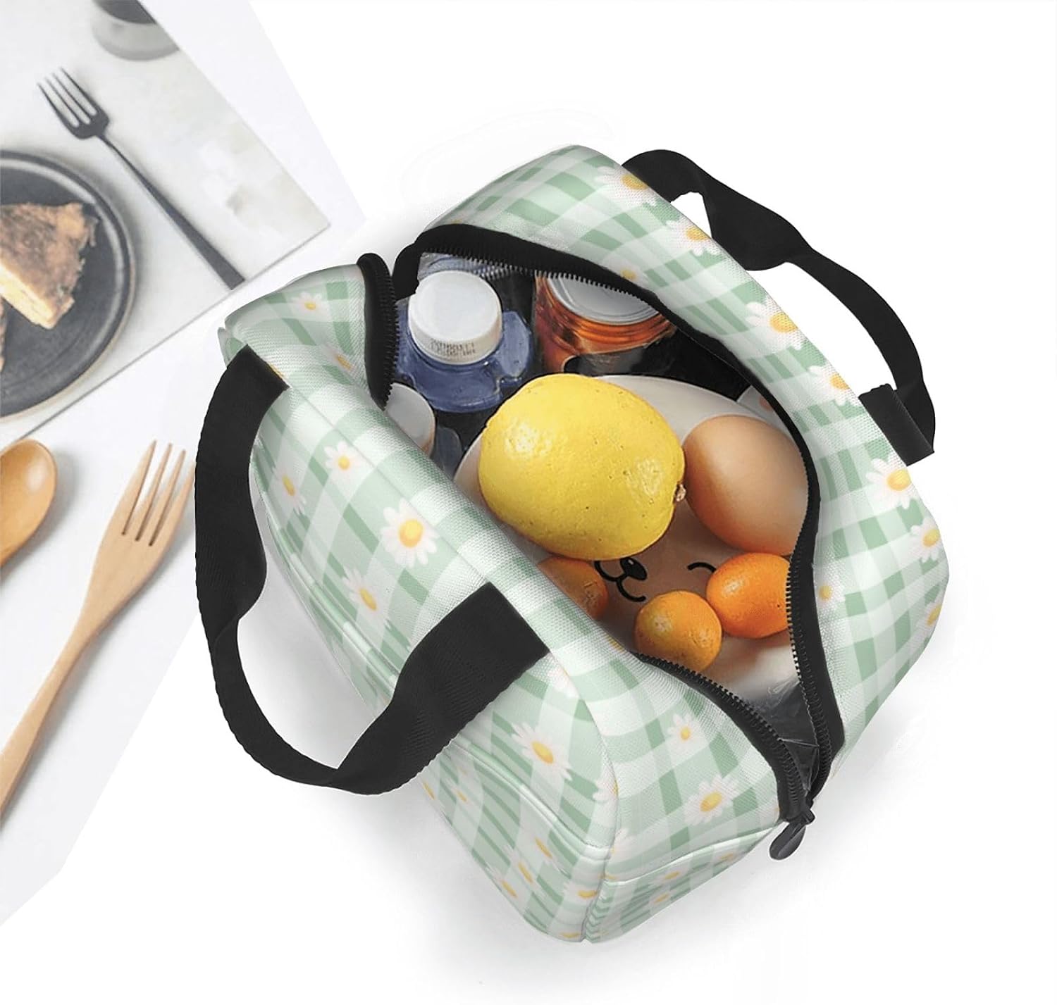 Lunch Bag Daisy Pastel Green Check Plaid Insulated Lunch Box Reusable Cooler Tote for Adults Student Girl Boy Work Office School Picnic Over 3 Years Old