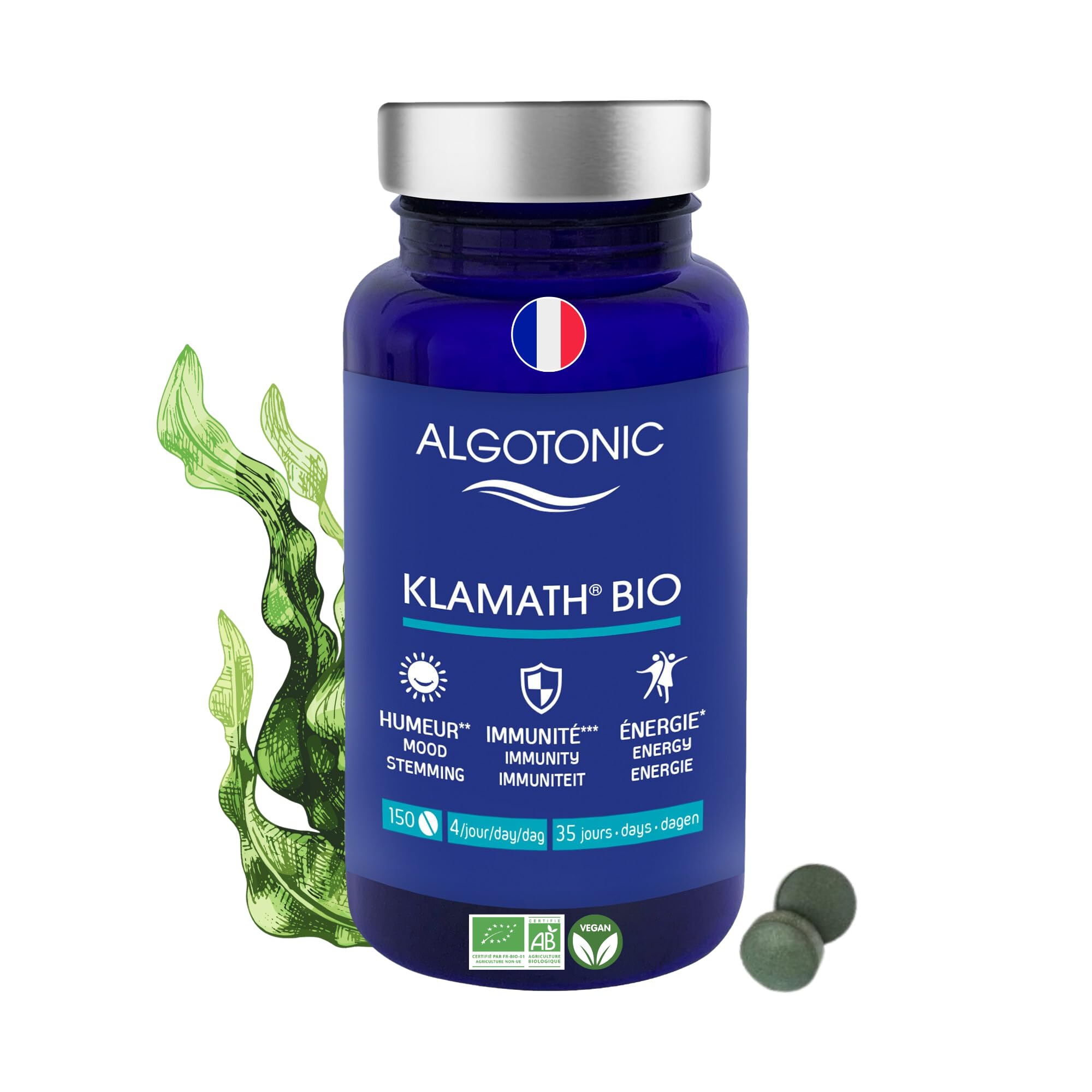 Klamath BIO - 150 comprimés - Complément Alimentaire - Humeur - Immunité - Energie mentale et physique - Vitamine B12 & Vitamine K - Phycocyanine & PEA