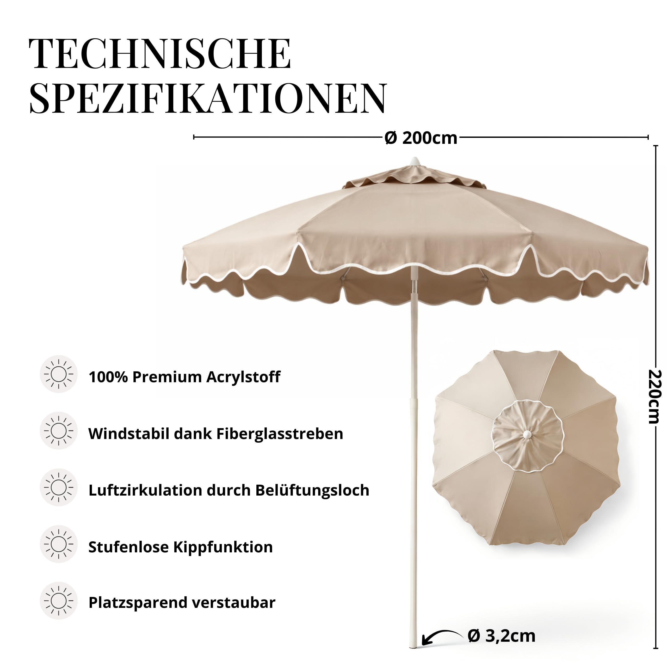 Livlig53 LIVLIG Sonnenschirm 200 cm, Sonnenschirm Balkon und Garten - knickbar mit Schutzhülle, Balkon Sonnenschutz, Gartenschirm oder Balkonschirm mit UV-Schutz, Schirm