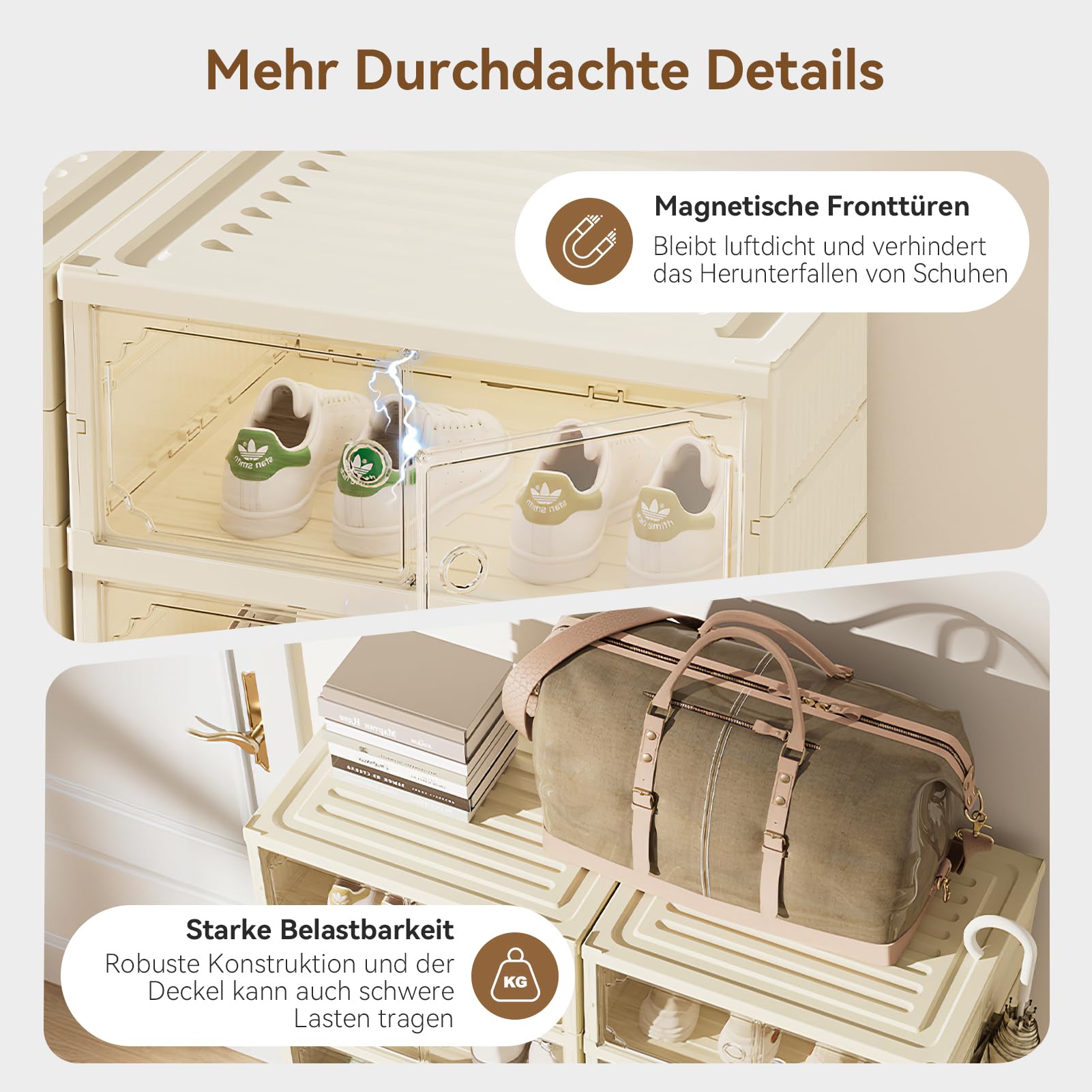 BTGGG Schuhboxen Stapelbar Transparent, 6 Etagen Faltbarer Schuhschrank für 12 Schuhe Kunststoff Schuhaufbewahrung Platzsparend Klappbarer Schuh Organizer Schuhkarton mit Haustür bis Größe 45