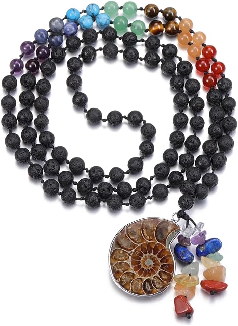 JOVIVI 6mm 108 Mala Prayer Meditation Chakra Beads Ammonite Fossil Pendant Necklace,Wrap Bracelet Healing Crystal Gemstone Necklace w/Gem Tassel