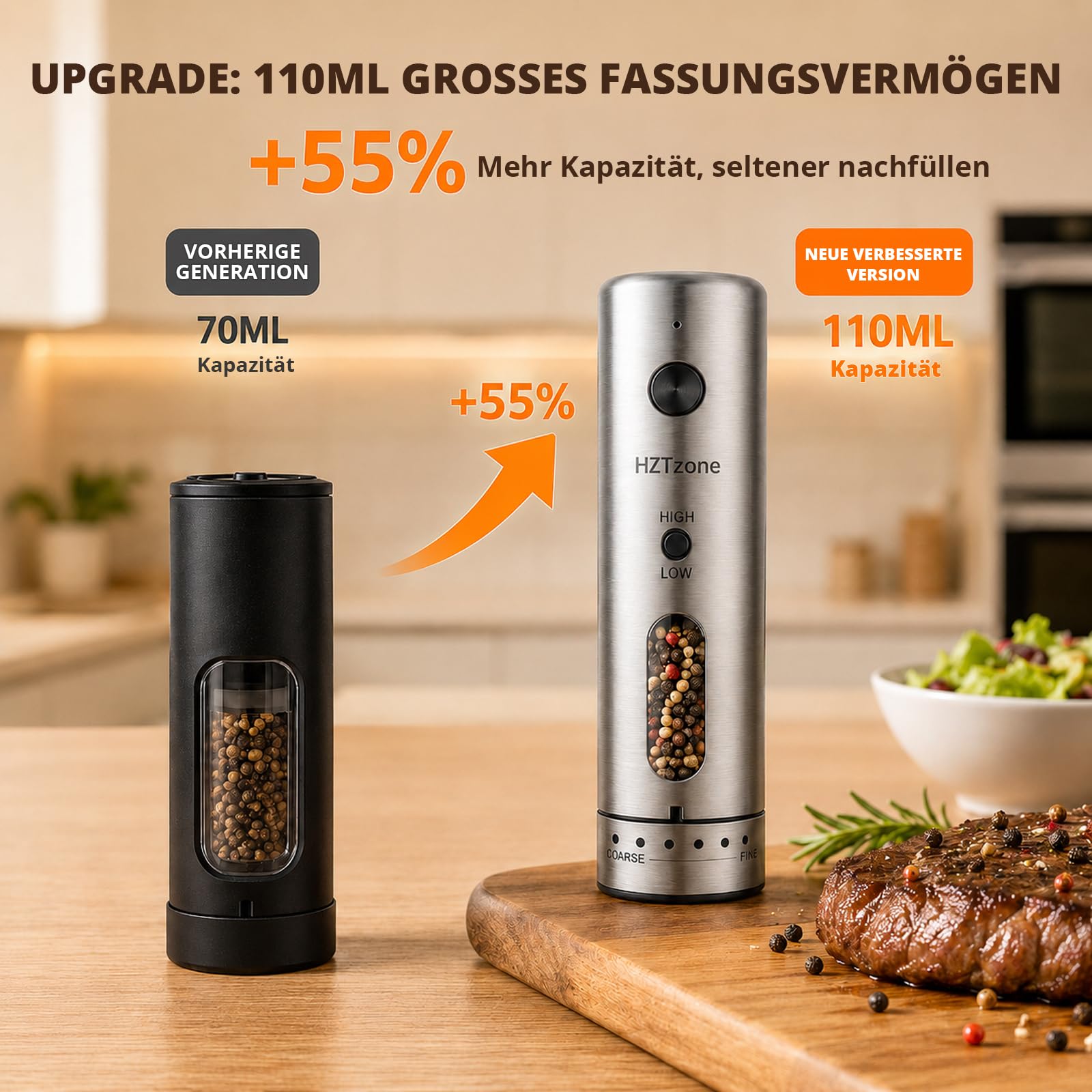 Elektrische Salz und Pfeffermühle Set für Hobbyköche, Einhand-Bedienung | 6 Mahlgrade (fein bis grob), Ladestation mit USB-aufladbar, Keramikmahlwerk, BBQ & Geschenkset, LED-Licht, Edelstahl