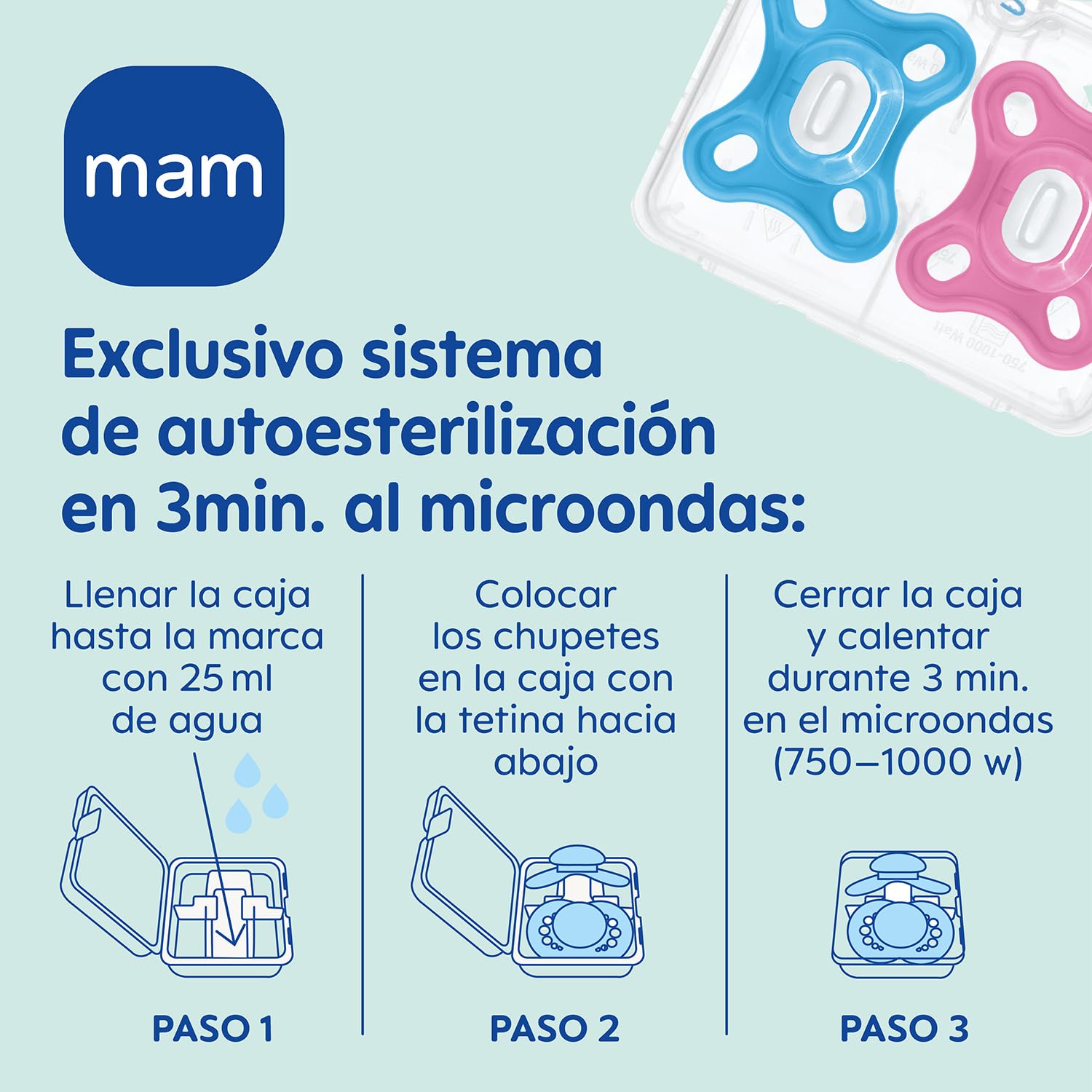 MAM Chupete Todo Silicona, 0-3 Meses, con Tetina Simétrica, Extra Pequeña y Cuello Delgado de Silicona Skin Soft Silicone de Fácil Aceptación, con Caja Autoesterilizadora, MAM Comfort, Rosa, 2uds