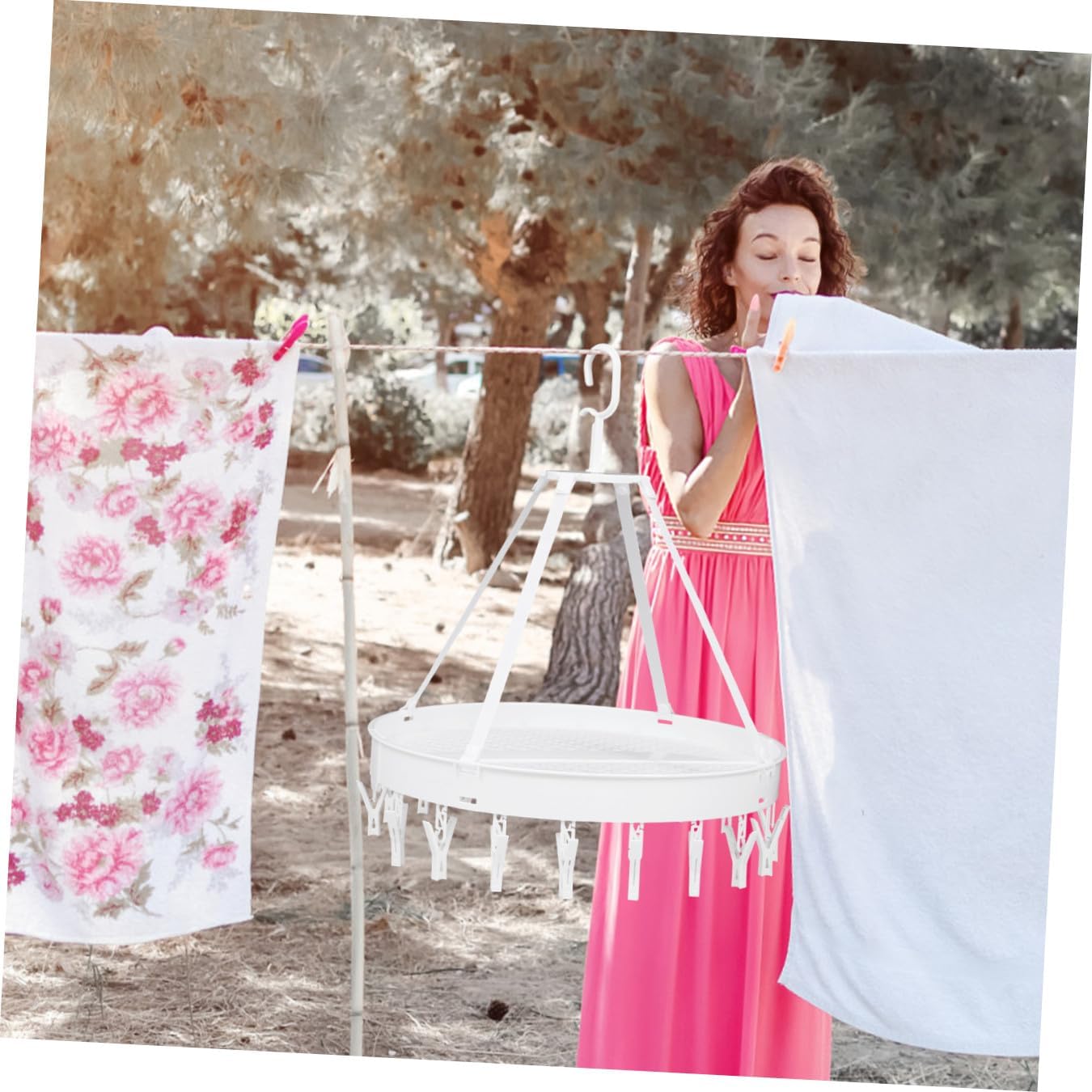 Windproof Folding Clothes Drying Rack for Underwear and Socks, Single-Layer White Hanger with Bras and Towels Hooks, Space-Saving Laundry Organizer for Balcony Use