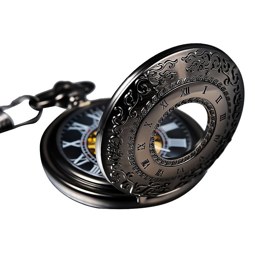 Antique Mechanical Pocket Watches for Men Skeleton Roman Numberals with Chain and Box CH117