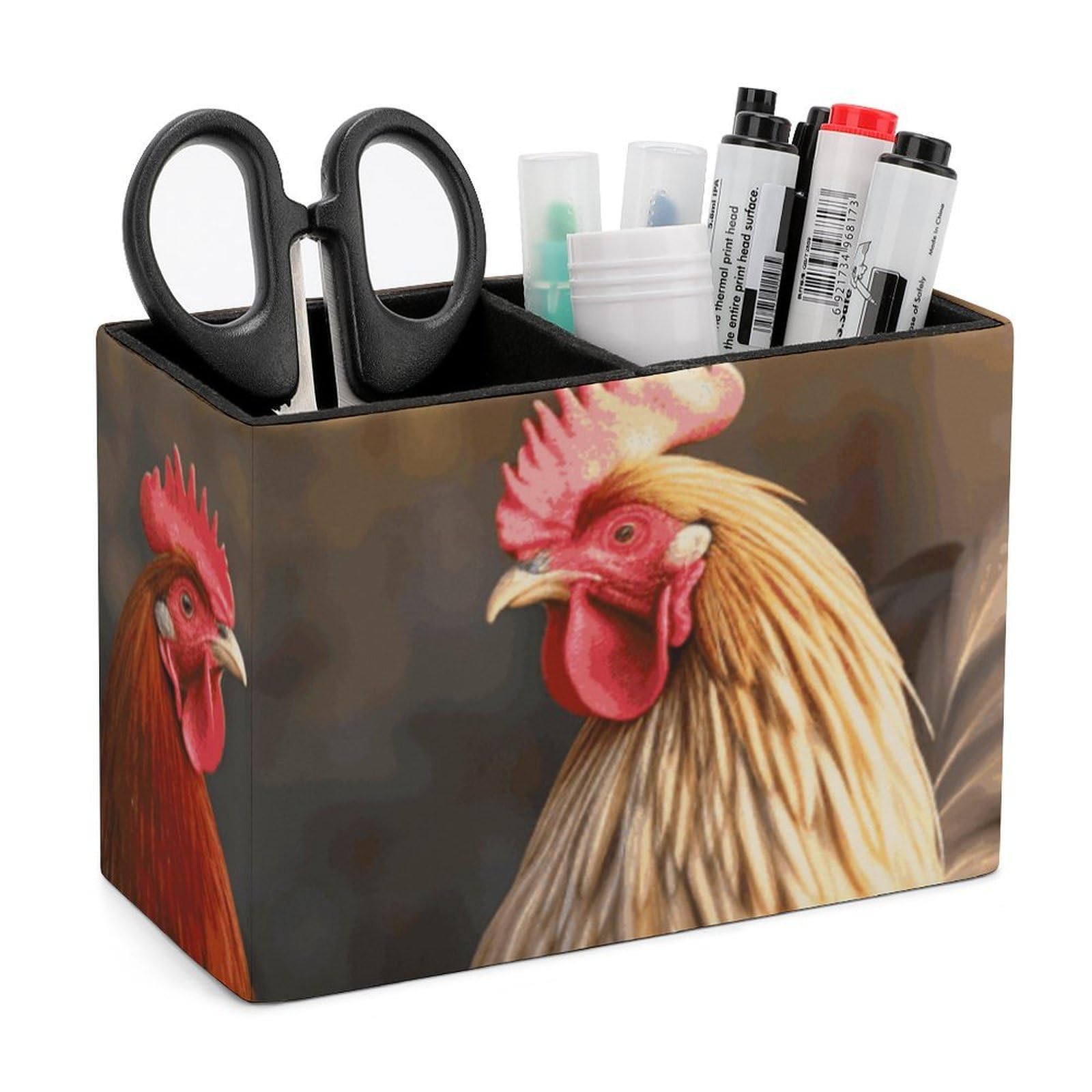 LZQPOEAS Exquisite Patterns PU Leather Pen Holder, Multifunctional Desktop Organizer Caddy with 2 Compartments, Rooster And Chicken Pencil Cup Makeup Brush Holder for Office Home