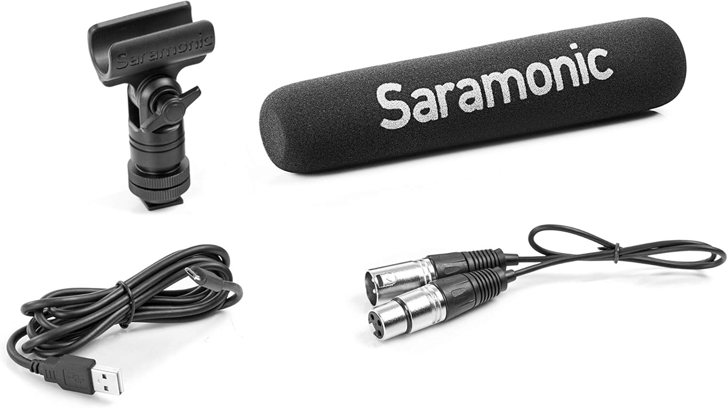 Saramonic SR-TM7 microphone and included accessories: XLR cable, USB charging cable, mic clip, and foam windscreen.