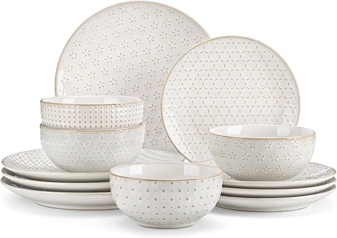 MALACASA 12 Pieces Dinnerware Sets, Modern Relief Design Plates and Bowls Sets, White Dish Set for 4, Kitchen Ceramic Dinner Plates Dishware Set, Microwave and Dishwasher Safe, Series LYDIA