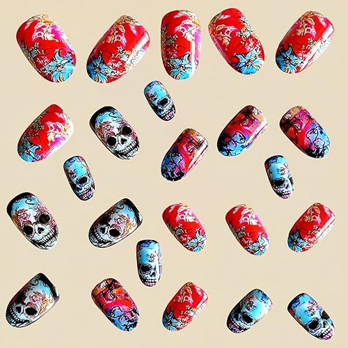 Miniatura 139 de Uñas postizas a presión de Halloween, cuadradas, medianas, francesas, color negro, degradado, cobertura completa, calavera, corazón rosa, con Uñas