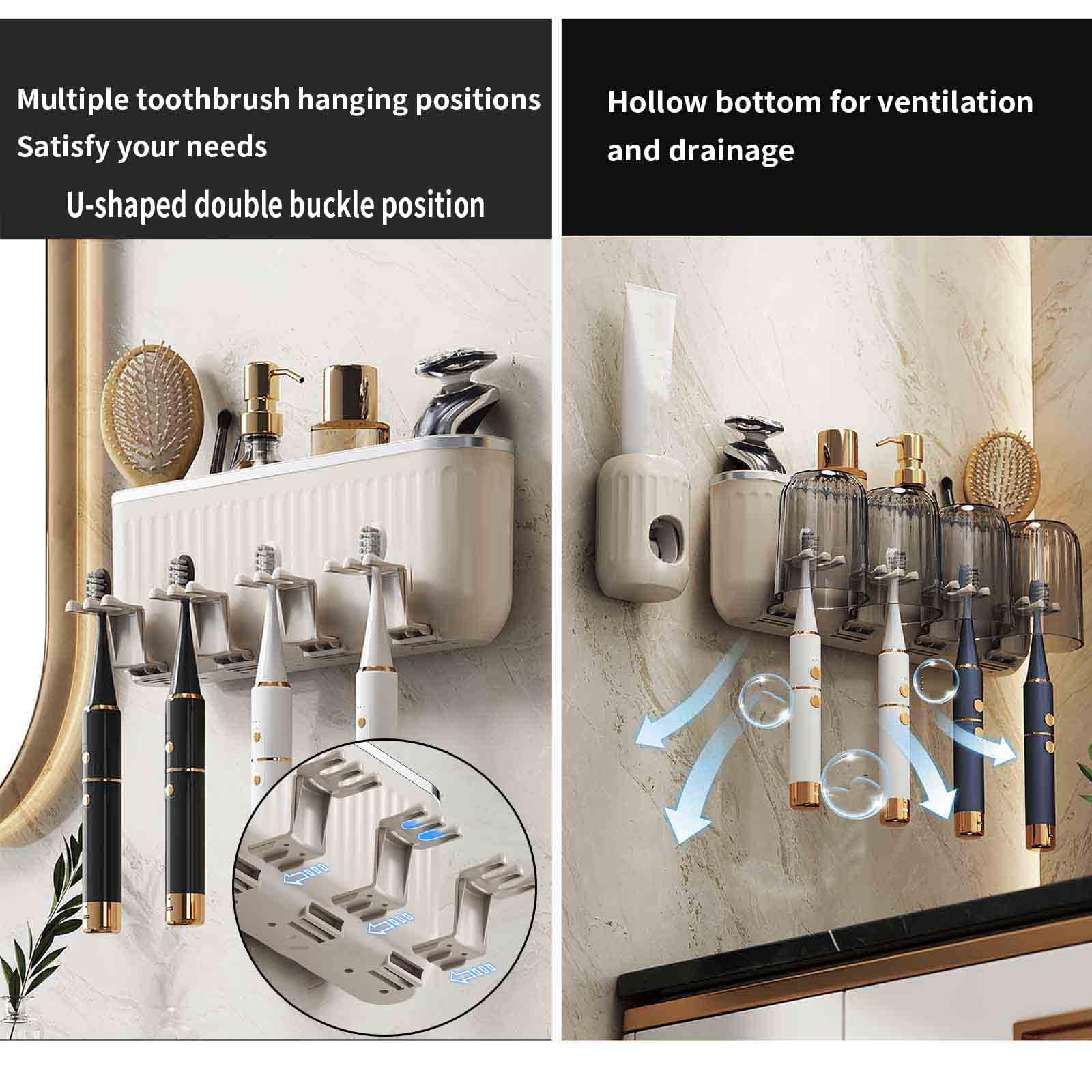 Dispensador Pasta Dientes Organizador Baño Porta Cepillo Viaje Portacepillos Pared Toothbrush Holder Soporte Cabezales Cepillo Automatico Adhesivo Extraíble para Limpieza (23x6.2x11cm,Brown)
