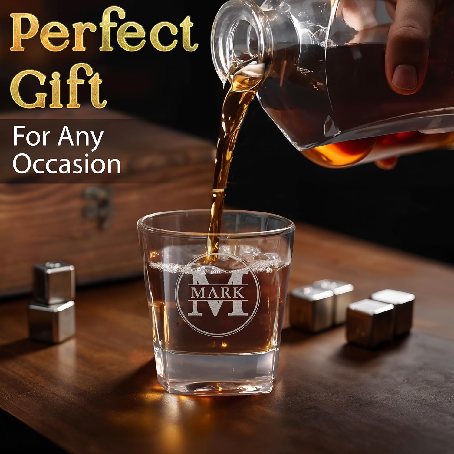 Custom Engraved Monogram Name Initial Minimal Simplistic Design 6 Options Premium Whiskey Decanter Gift Set – 23 oz Liquor/Bourbon Decanter with Glasses, Whiskey Stones, Tongs & Wood Box