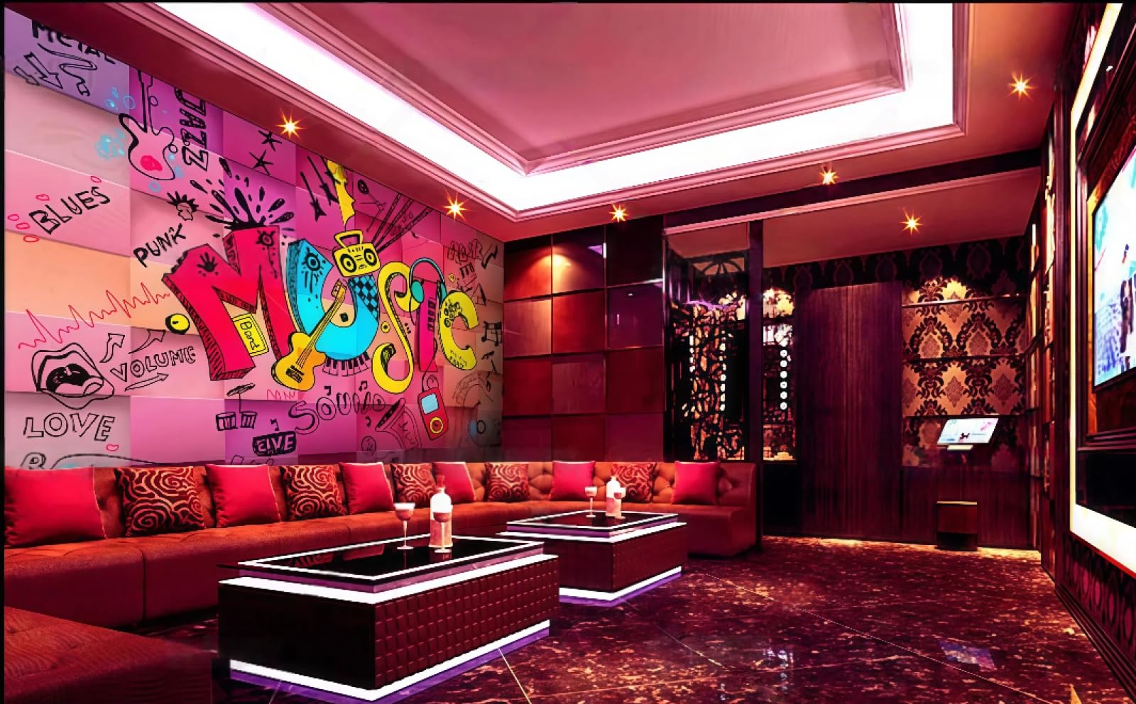 Tapeta, świeży różowy kwadratowy napis graffiti, motyw muzyczny, bar, zachodnia restauracja, tło, fototapeta do kawiarni, popołudniowa herbata, 3D, 200 x 140 cm
