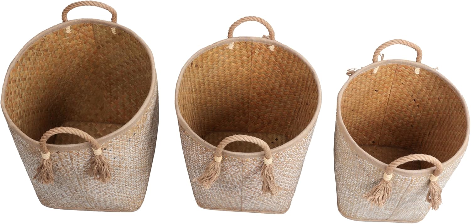 happimess BSK2026W-3SET Celia Rustic Coastal Handwoven Palm Leaf Nesting Storage Baskets with Rope Handles, Seagrass Containers for Decoration in Living Room, Bedroom, Natural/White (Set of 3)