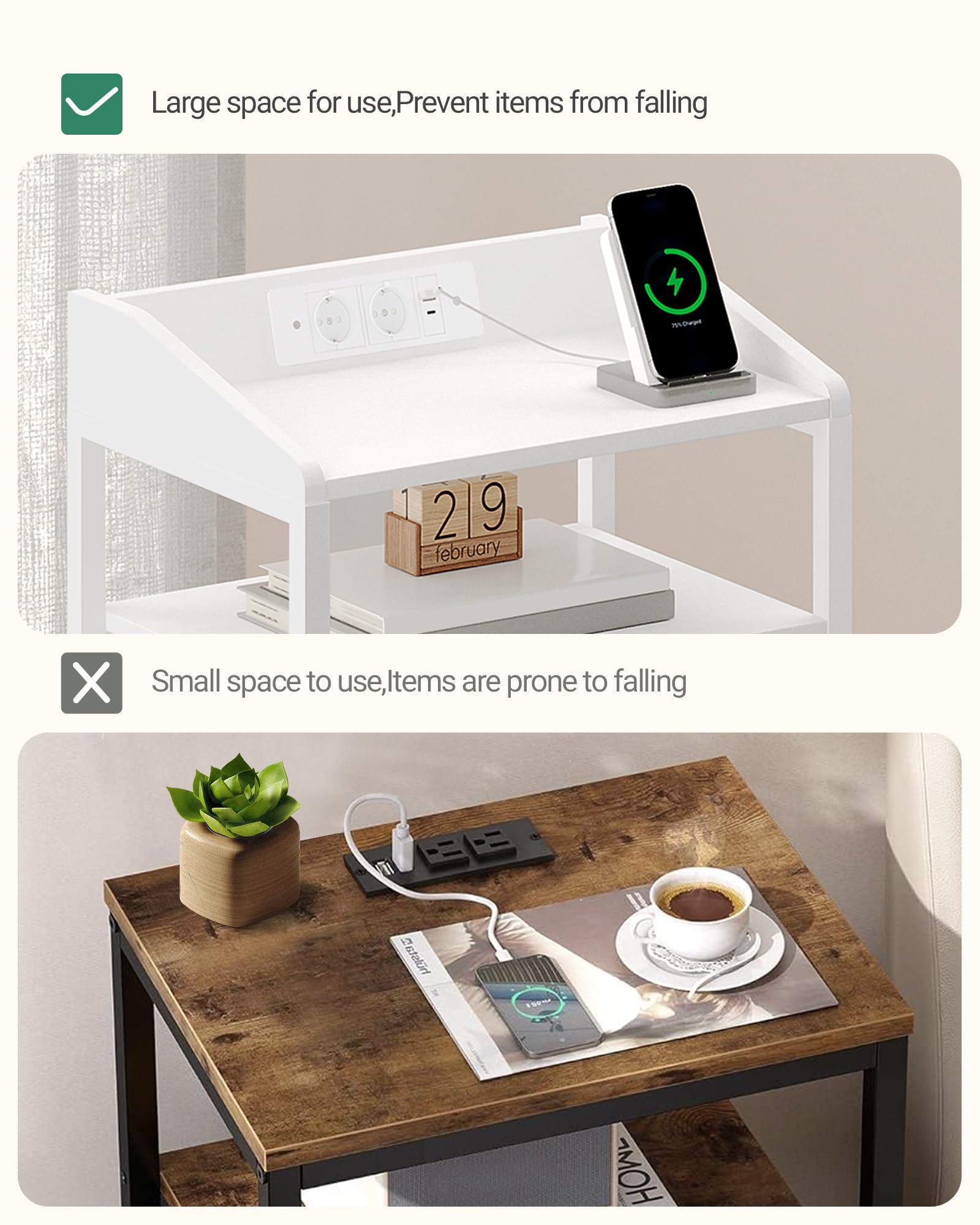 Hzuaneri Mesillas de Noche Juego de 2, con Luces LED y Estación de Carga, Mesa Auxiliar con 3 Cajones de Almacenamiento de Tela, Puertos USB y Enchufe Tipo C, para Dormitorio, Blanco NS35513W