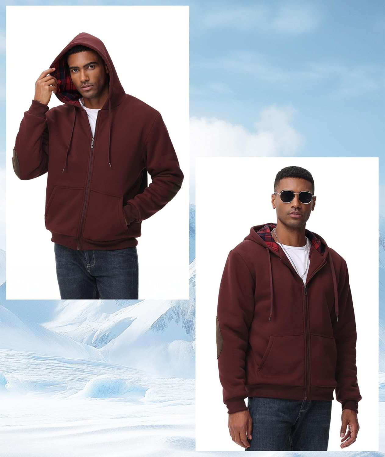 Men's Sherpa Jacket Fleece Lined Zip Up Plaid Hood Heavyweight Sweatshirt Winter Warm Thick Coat with Elbow Patches - Image 6