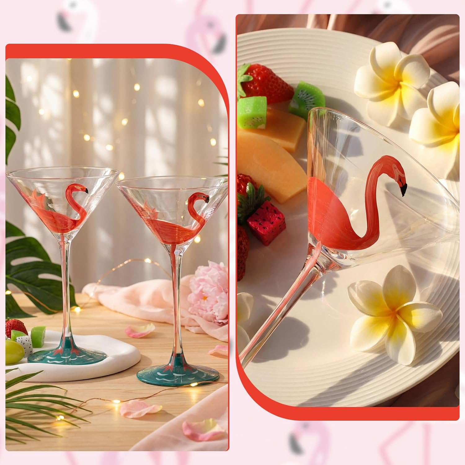 Qinyoung 2 Pcs Tropical Flamingo Martini Glasses Stemmed Hand Painted Pink Flamingo Wine Glass Cocktail Glasses Bar Goblet Drinkware for Summer Theme Holiday Birthday Party Gifts