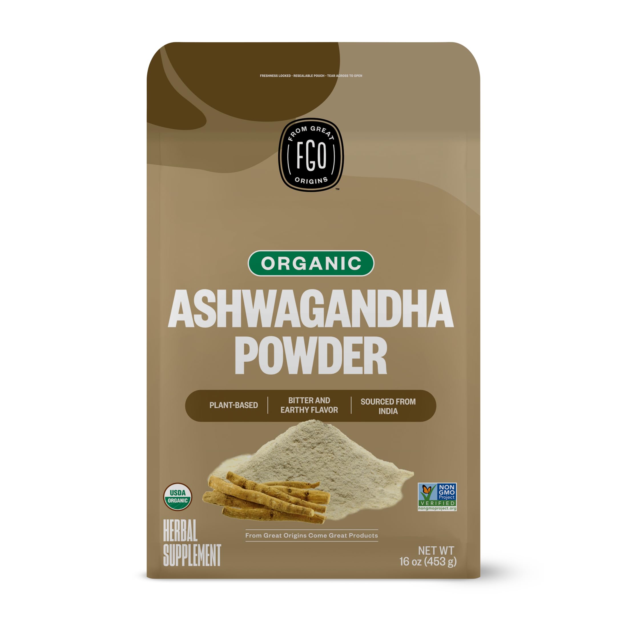 FGO Organic Ashwagandha Root Powder, 16oz Resealable Bulk Bag, Non-GMO, Indian Ginseng, Withania Somnifera, Sourced from India (Pack of 1)