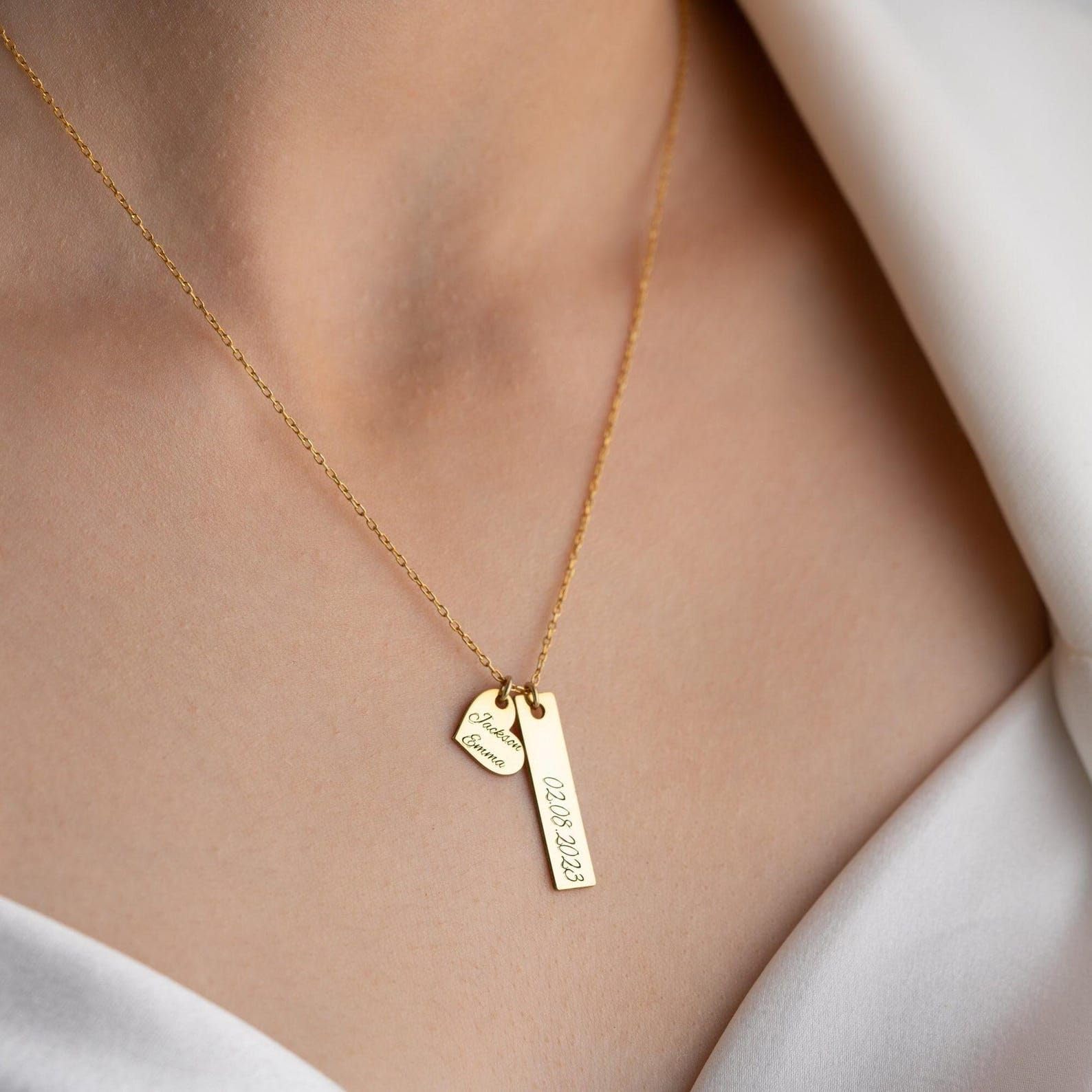 Personalizzato oro barra e cuore collana, nome barra argento con cuore famiglia data inciso