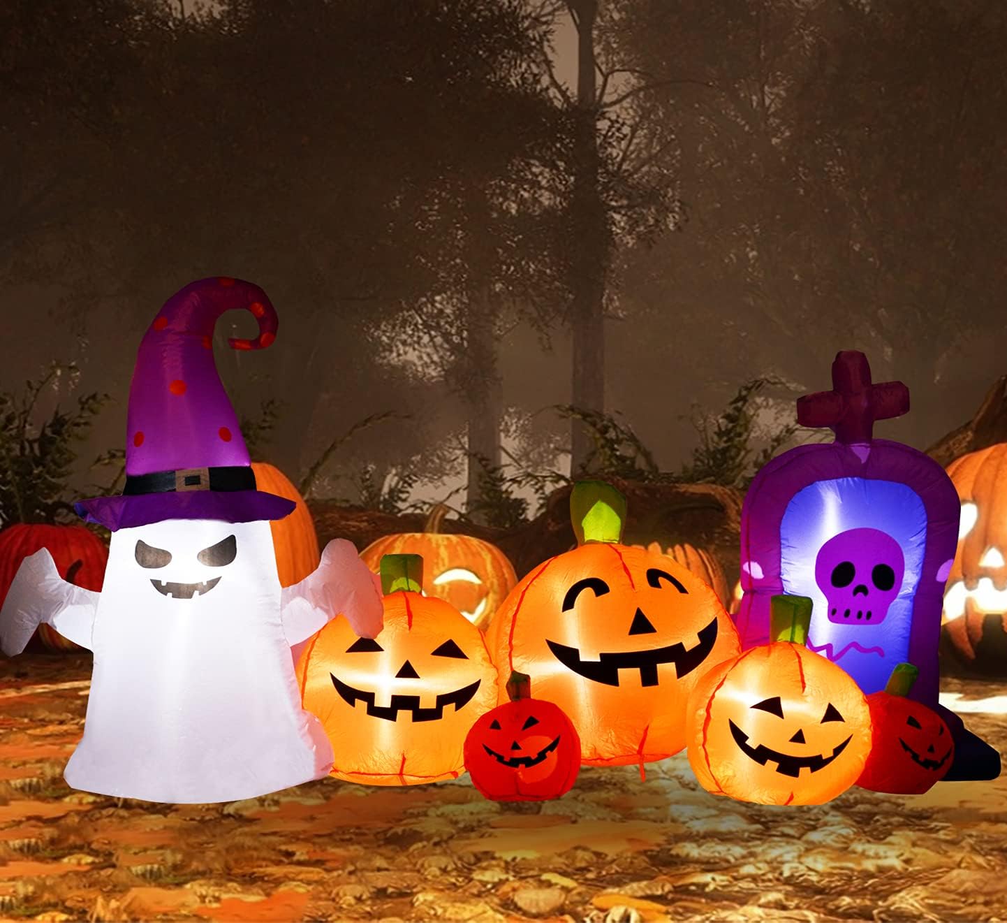 7.5FT Long Halloween Inflatables Pumpkins with Ghost Blow up Outdoor Holiday Decoration, Cute Pumpkins,Ghost with Witch’s Hat Yard Decorations with Build-in LEDs for Halloween Indoor Garden Lawn Decor : Patio, Lawn & Garden