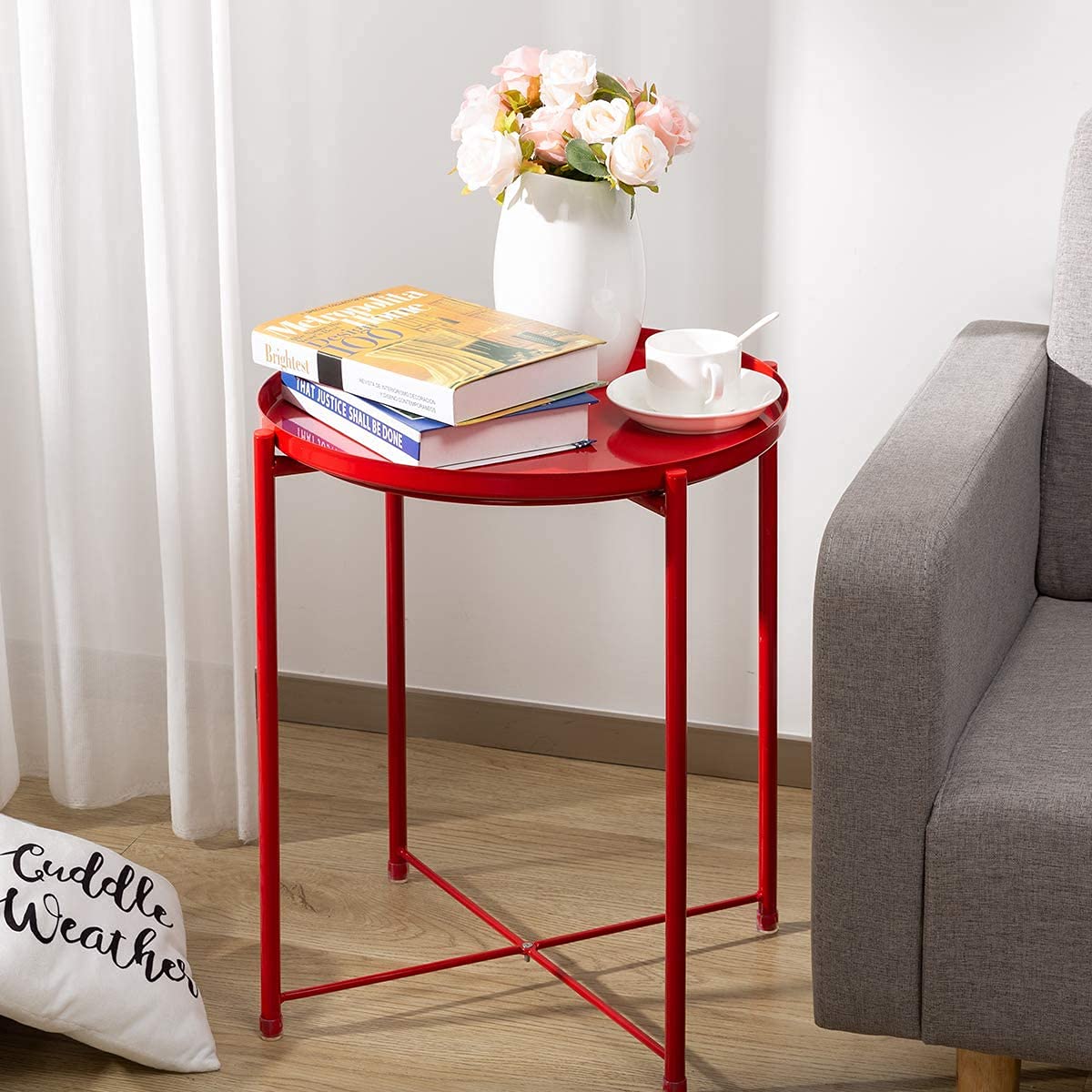 INDIAN DECOR 44117 Tray Metal End Table, Sofa Table Small Round Side Tables, Anti-Rust and Waterproof Outdoor & Indoor Snack Table, Accent Coffee Table,(H) 20.28" x(D) 16.38", Red 4