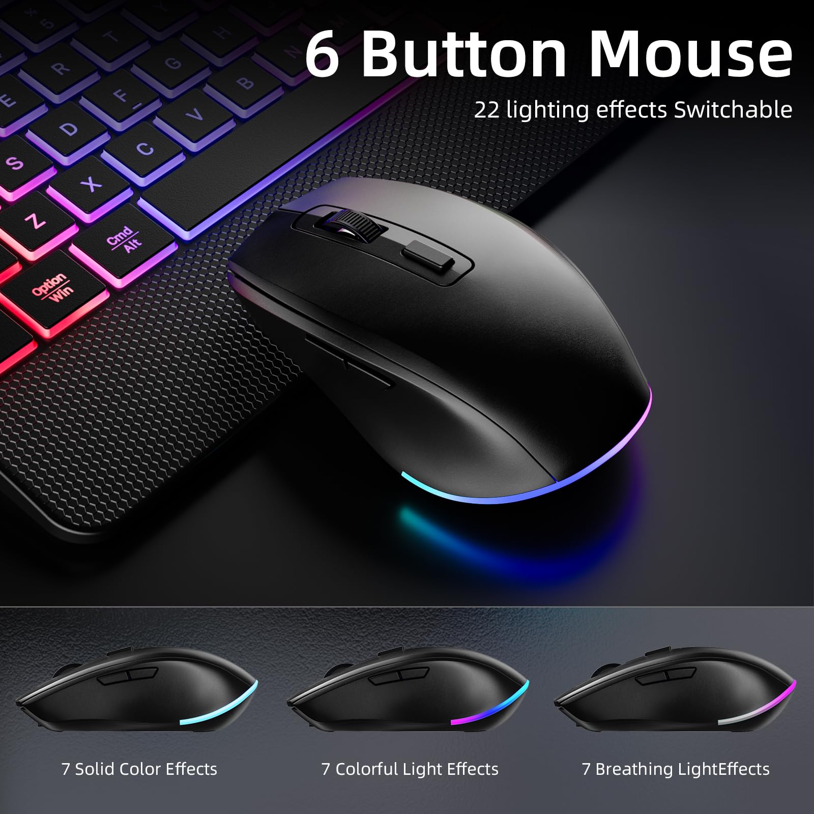 Hamile Combinazione di tastiera e mouse wireless: effetti retroilluminati RGB, tastiera silenziosa ergonomica, poggiapolsi, ricaricabile 2,4 G, con supporto per telefono, compatibile con Windows, Mac