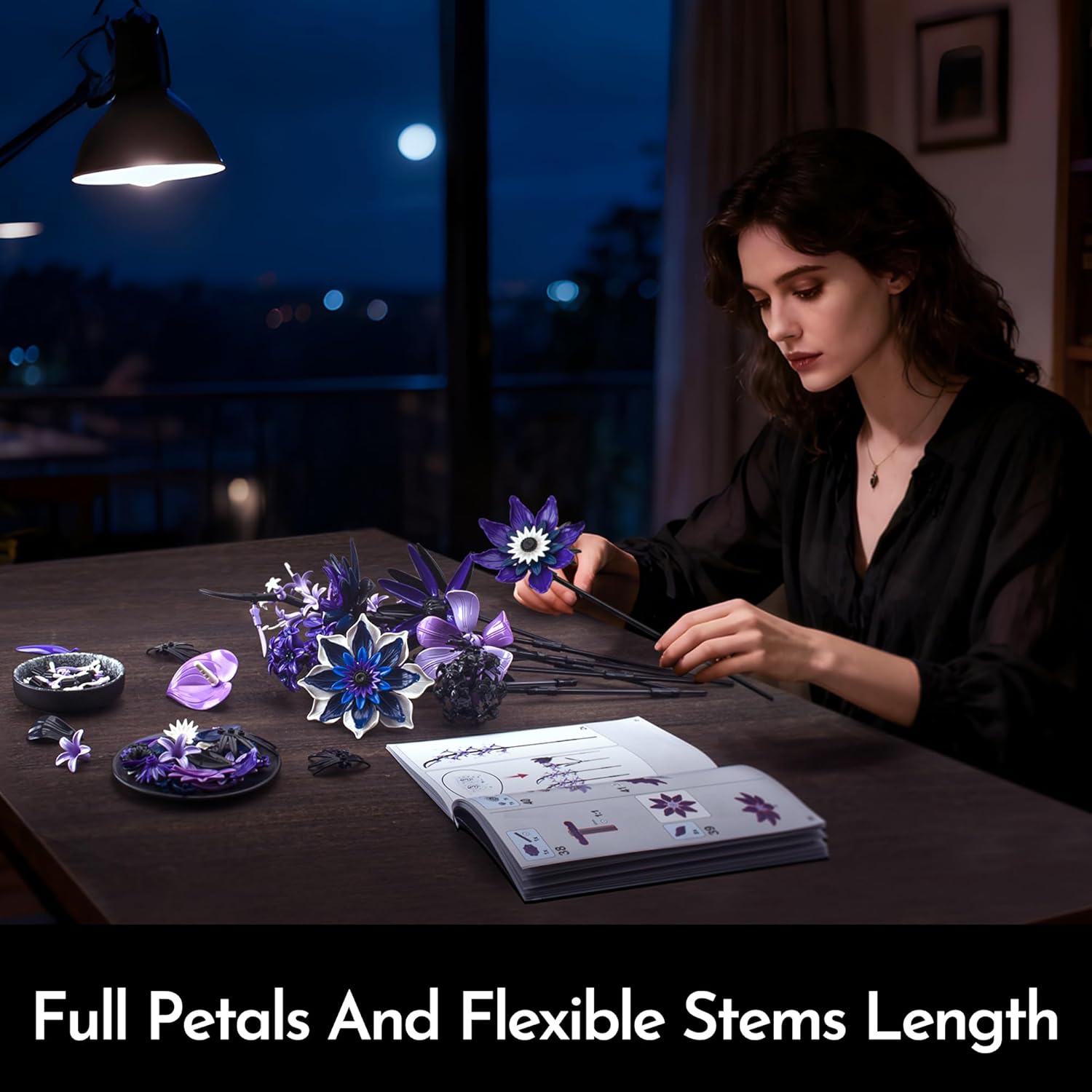 Dahlia Flower Bouquet Building Set for Adults, Valentines Creative Gift for Women Girlfriend Gothic Botanical Collection - Buildable Purple Artificial Floral for Home or Office Decor (609 PCS) - Image 7