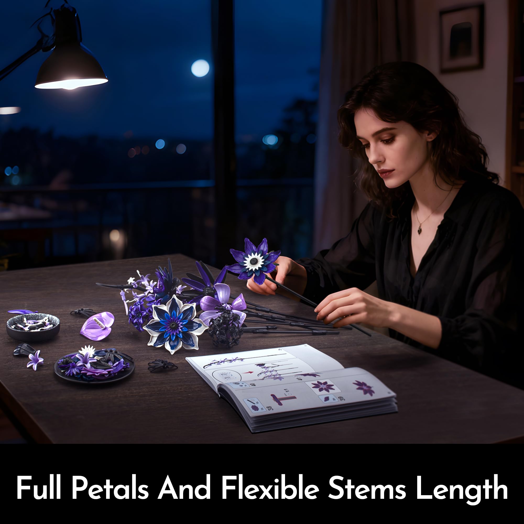 SOOLIO Mothers Day Dahlia Flower Bouquet Building Set for Adults,Gift for Mom Women Girlfriend Wife Gothic Botanical Collection - Buildable Purple Artificial Floral for Home or Office Decor (609 PCS)