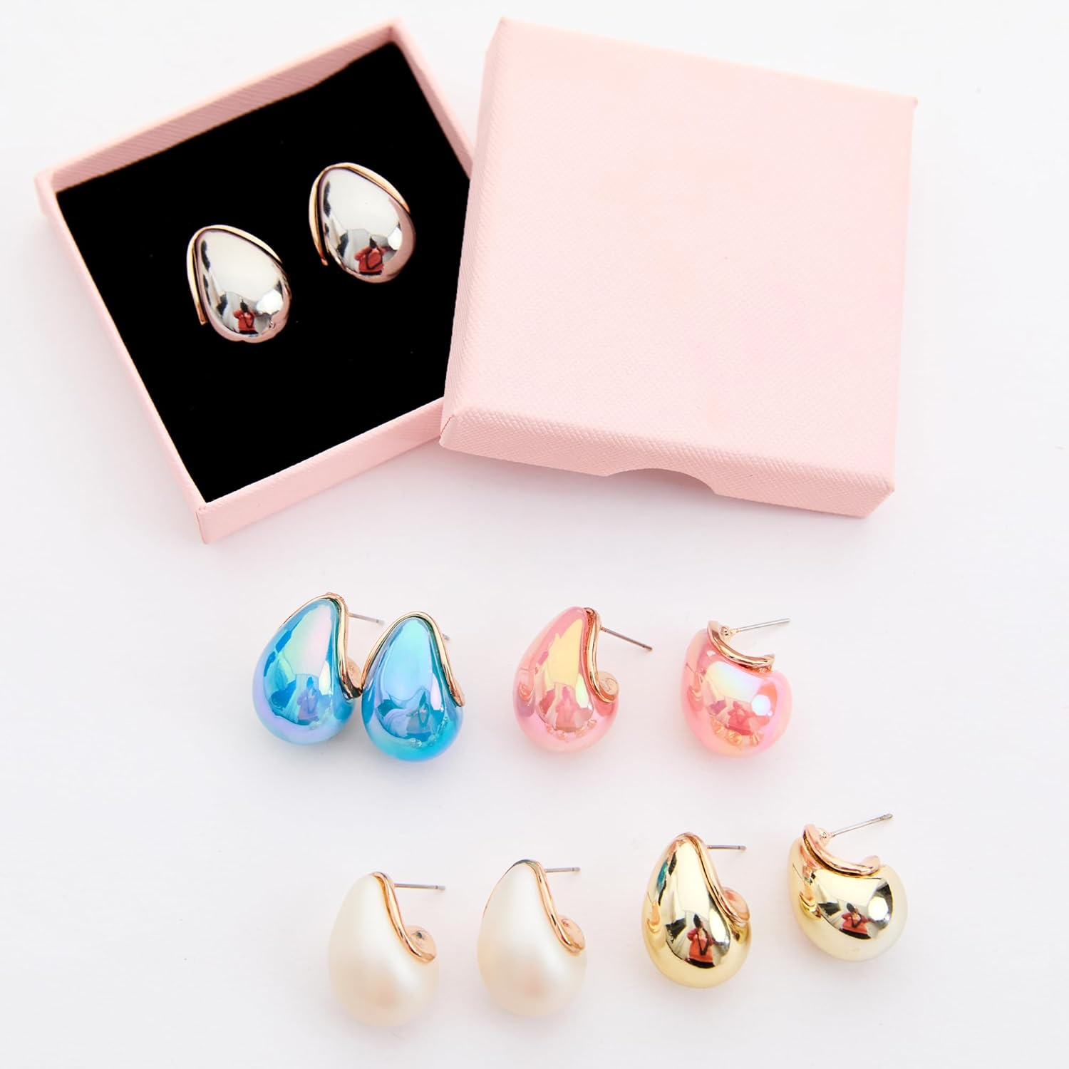 Fashion Forward Chunky Stud Earrings, 5Sets woman jewelry sets, earings set, water drop earings in Gold , Pink , Blue , Silver , beige.large tear drop earrings for women,Modern Statement Jewelry for Women, Packaged in a gift box - Image 2
