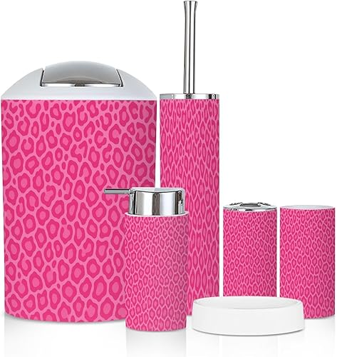 Bathroom Accessory Set 6PCS Hot Pink Leopard Pink Spots Seamless Trash Can, Soap Dispenser, Toothbrush Holder, Toothbrush Cup, Toilet Brush Holder,