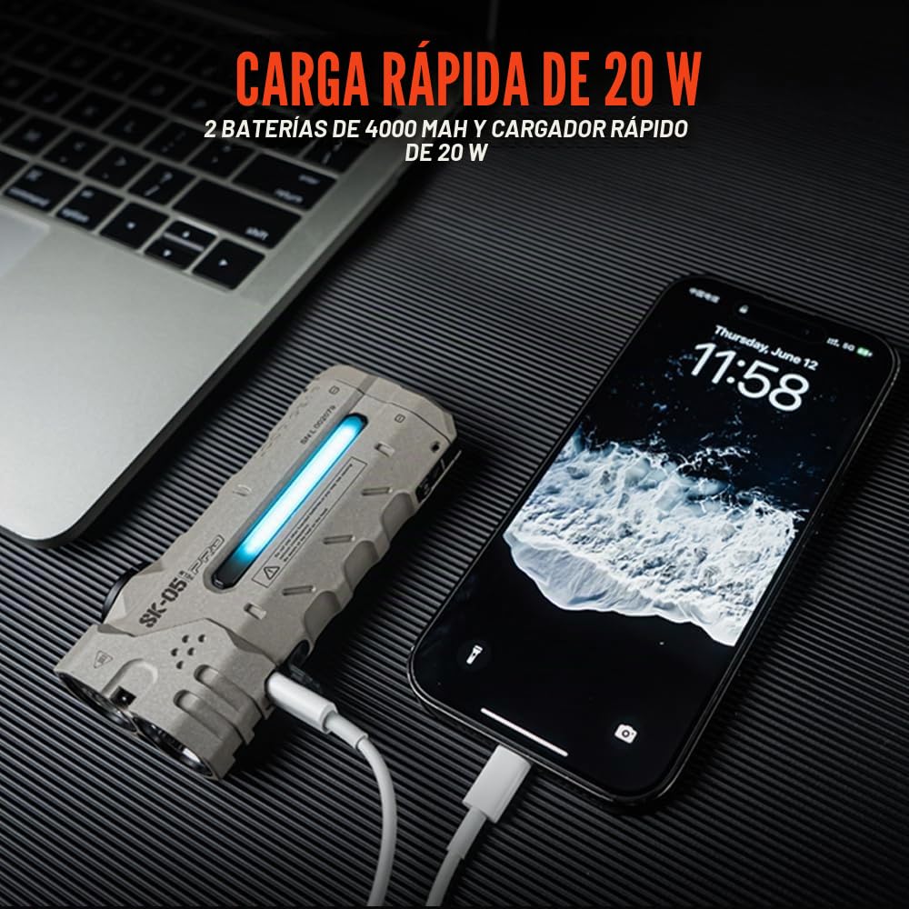 LOOP GEAR SK05 PRO Mao EDC Linterna 4360 lúmenes, linterna LED recargable de 8000 mAh y banco de energía, modos de iluminación 3 en 1 (inundación/punto/luz lateral) para camping, senderismo