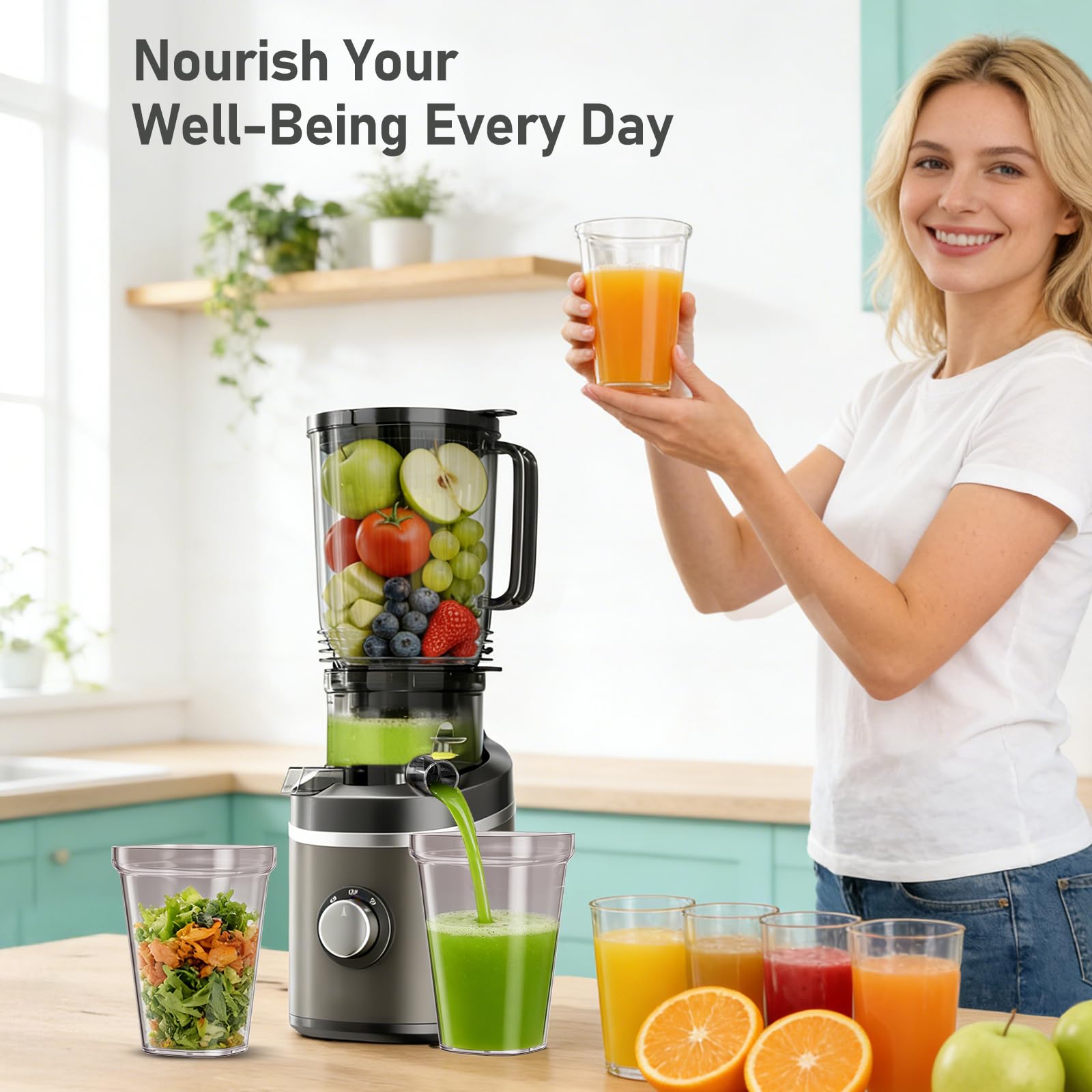 Spremiagrumi 250W 2,3L a spremitura a freddo, per frutta e verdura intera, 65 giri/min, con apertura di alimentazione da 12 cm, Estrattore frutta e verdura