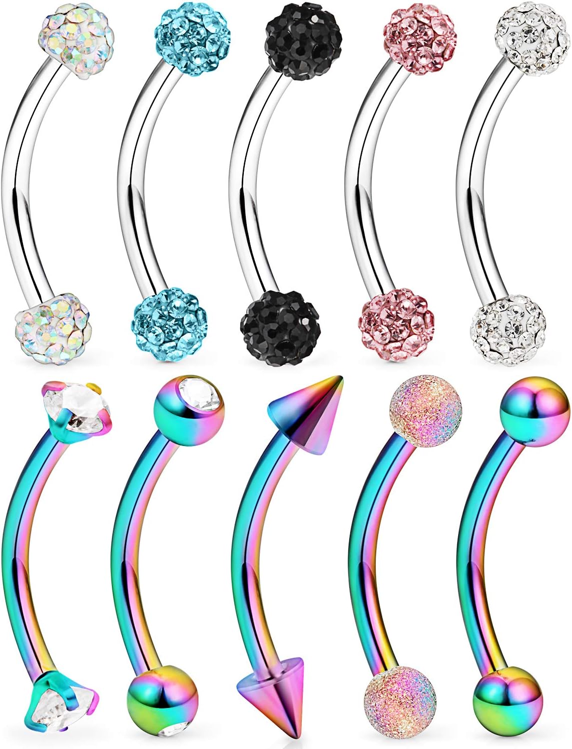 Lcolyoli 10 Pcs 16G Stainless Steel Eyebrow Piercing Rings with Clear Diamond CZ Curved Barbell Rook Daith Earring Piercing Body Jewelry for Women Men