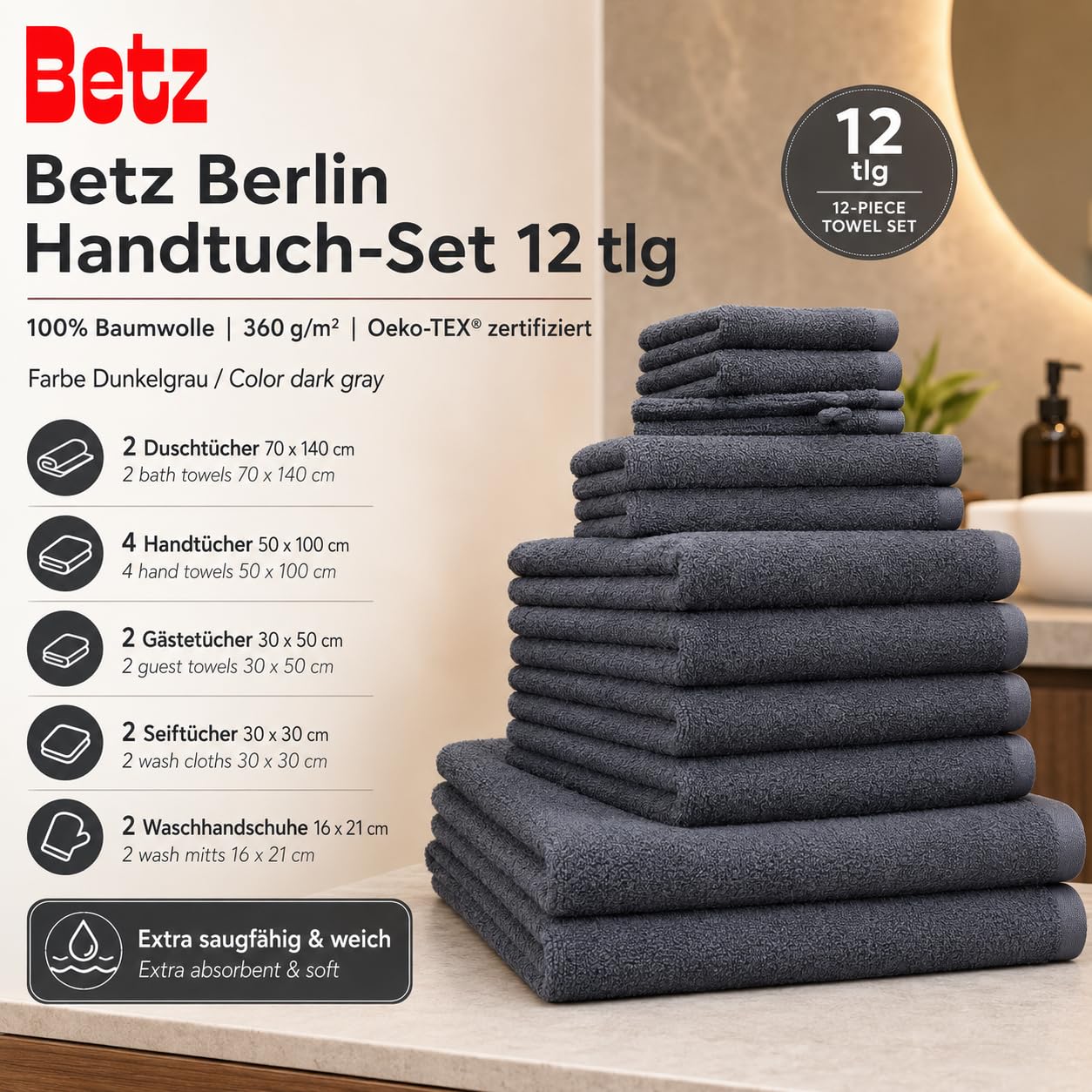 Betz Lot de 12 pièces Berlin 100% Coton 2 Draps de Bain 4 Serviettes de Toilette 2 d'invité 2 lavettes 2 Gants de Toilette Couleur Gris foncé - Berlin