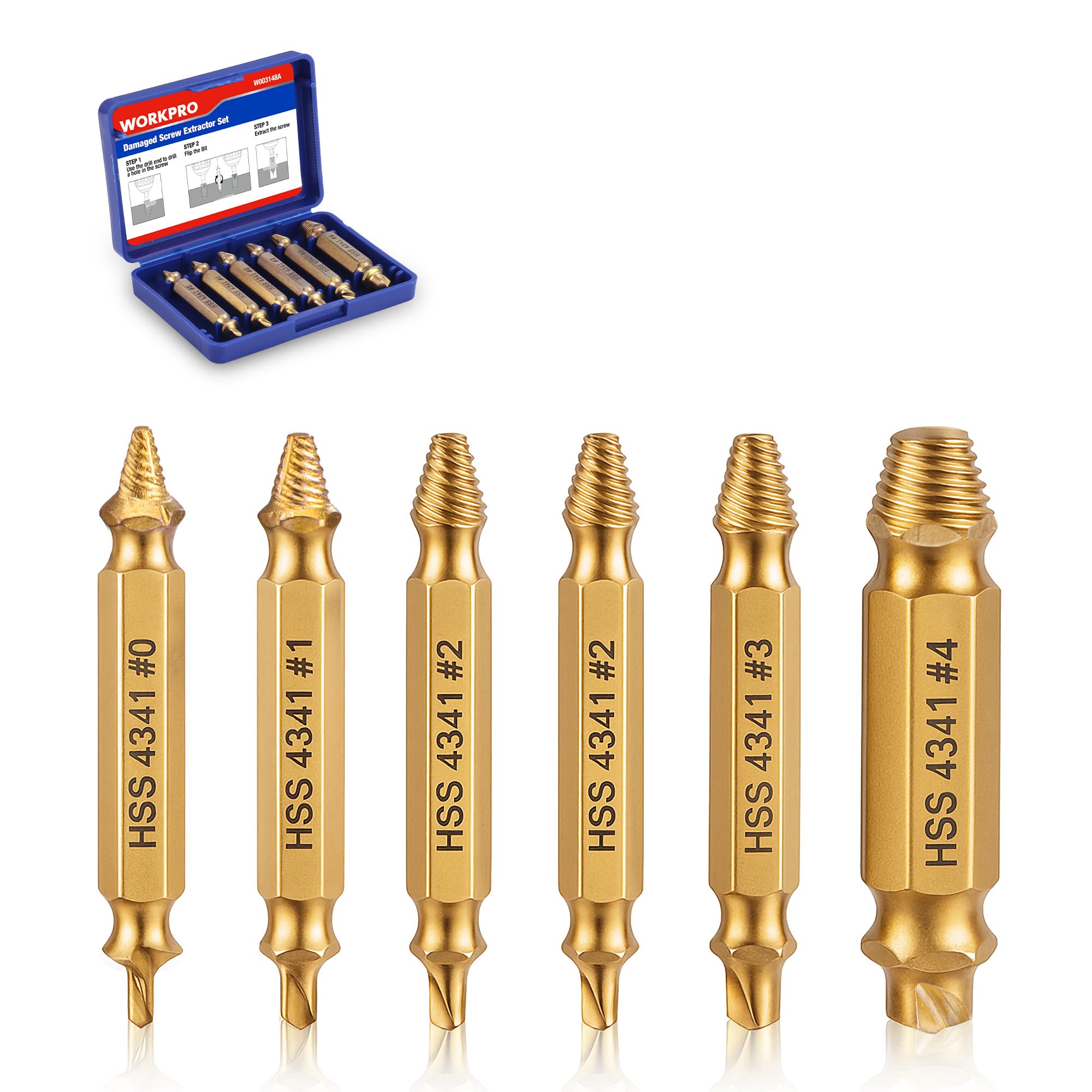 Workpro Golden Yellow 6-Piece Damaged Screw Extractor Set, Titanium Coated Broken Bolt Screw Remover And Extractors, Stripped Head Screws Nuts Removal Tools With Case