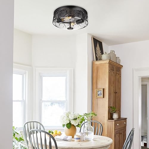 Miniatura 7 de Lámpara de techo industrial empotrada, cerca de techo con jaula de metal negro, lámpara de techo de 2 luces con vidrio de burbujas para cocina,