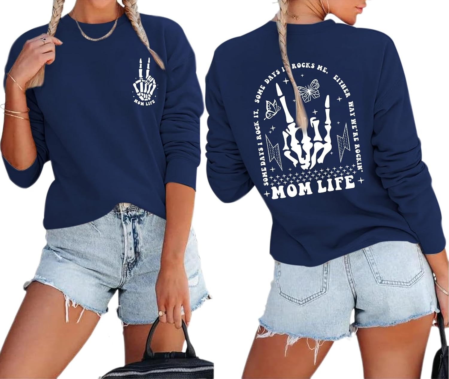 Mom Life Sweatshirt Mama Sweatshirts for Women Skeleton Halloween Long Sleeve Shirt Rock Crewneck Graphic Pullover(Navy Blue,M)