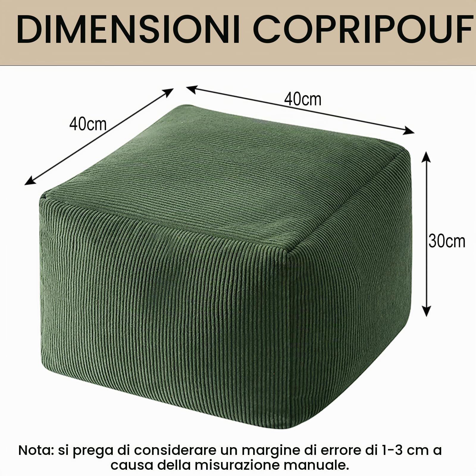 Pouf ottomano non imbottito Velluto a coste Puff Poggiapiedi quadrato Con maniglia per soggiorno, camera da letto (Verde,40-40-30cm)