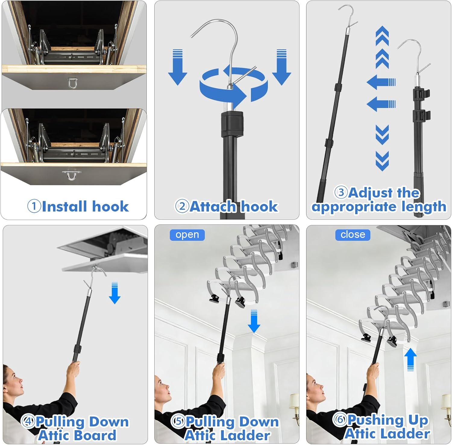 EMART Attic Pull Down Hook, 17-36 Inches Adjustable Attic Ladder Pull Down System kit with Y-Hook and 2 Handles， Heavy-Duty Triangular Steel Tube, Replace Pull Cord for Ladder Door Garage Loft