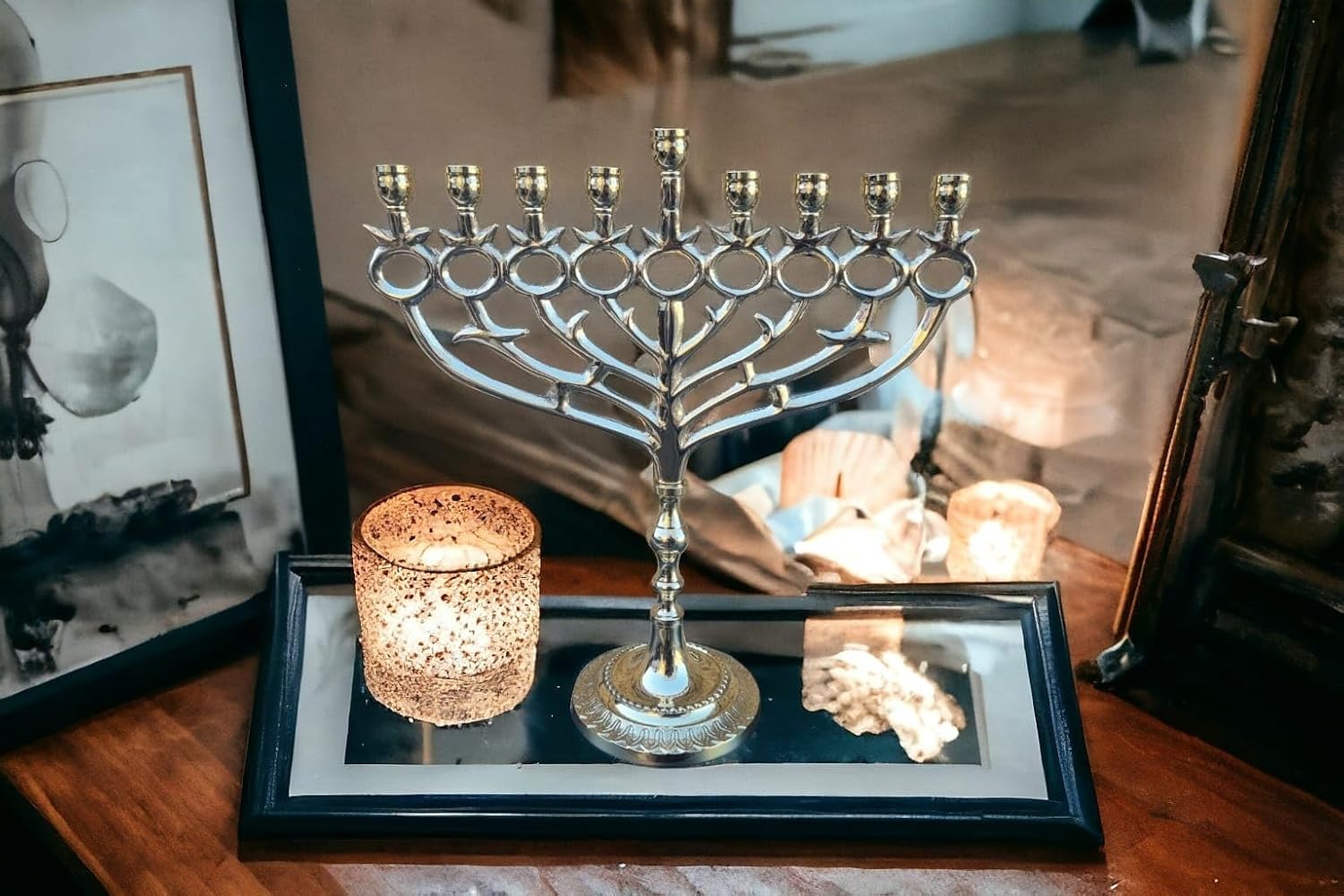 Hanukkah Menorah - 9 Branches Gold Brass Hanukkiah | Modern Tree Branch Design with Circles | Fits Standard Candles | Judaica Gift | 10.5" Tall
