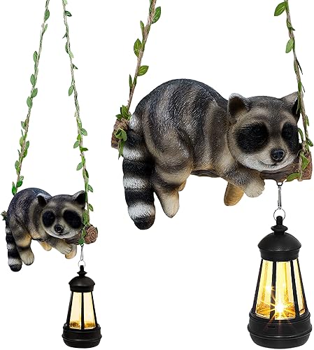 Solar Lighted Garden Outdoor Statue, 20.1" H Hanging Swing Lying with A Sleeping Raccoon and A LED Lantern, Resin Animal Figurine Hanging Ornaments