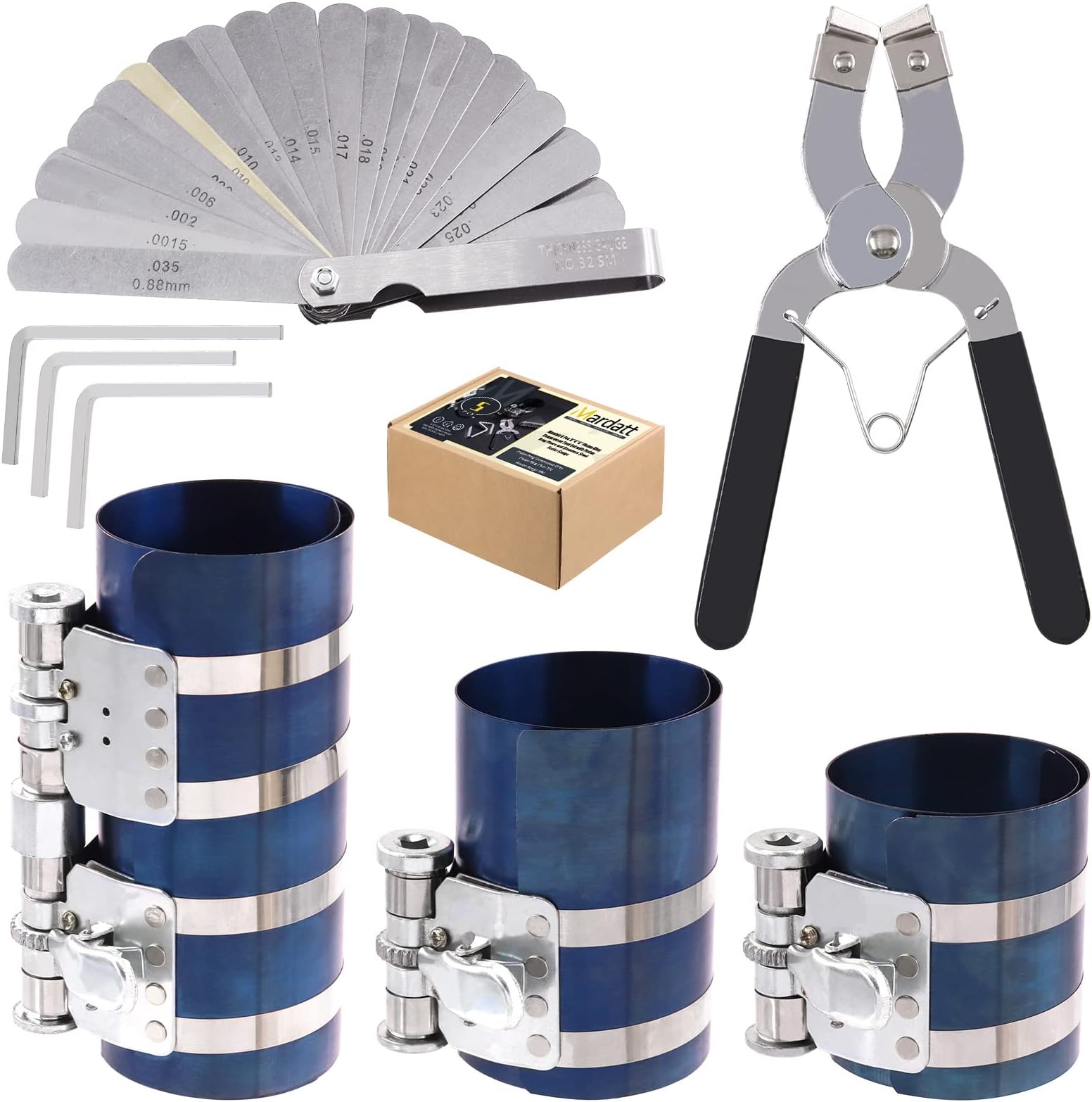 8 Pcs 3" 4" 6" Piston Ring Compressor Tool Set with Piston Ring Pliers and Stainless Steel Feeler Gauge, Car Engine Piston Ring Compressor Tool for GM