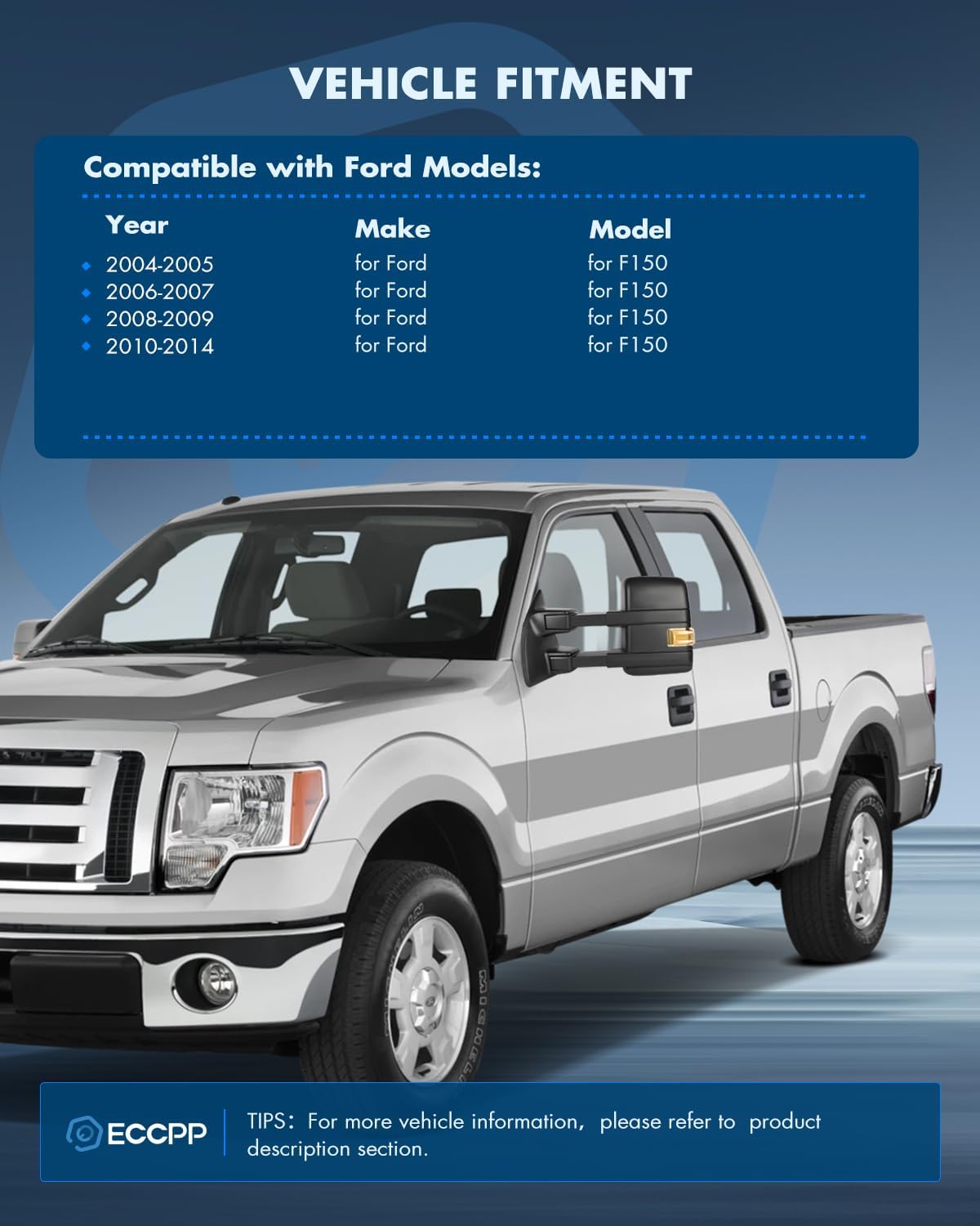 ECCPP Tow Mirrors Towing Mirrors Compatible with 2004-2014 for Ford for F-150 Pickup Truck with Left Right Side Power Control Heat Turn Signal Puddle Light with Black Housing