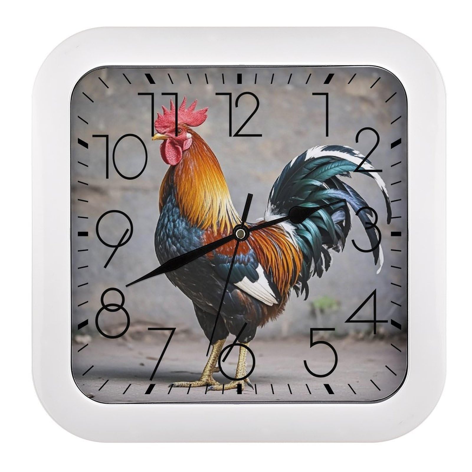 FekiLoot Square Rooster Wall Clock Decorative Battery Operated Analog Clocks Silent Non-Ticking Frame Wall Clocks Perfect Kitchen Or Office Clock 10 Inch