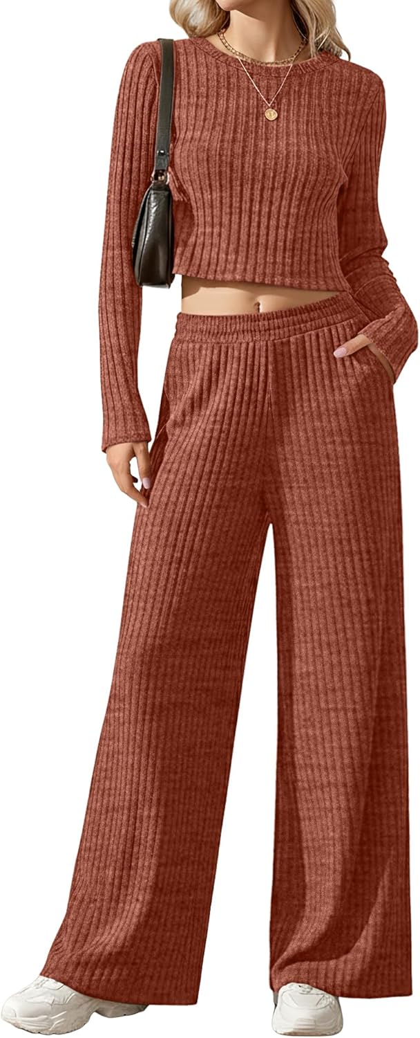 Women's 2 Piece Lounge Sets 2026 Ribbed Long Sleeve Crop Top Wide Leg Pants Travel Outfits Casual Matching Set