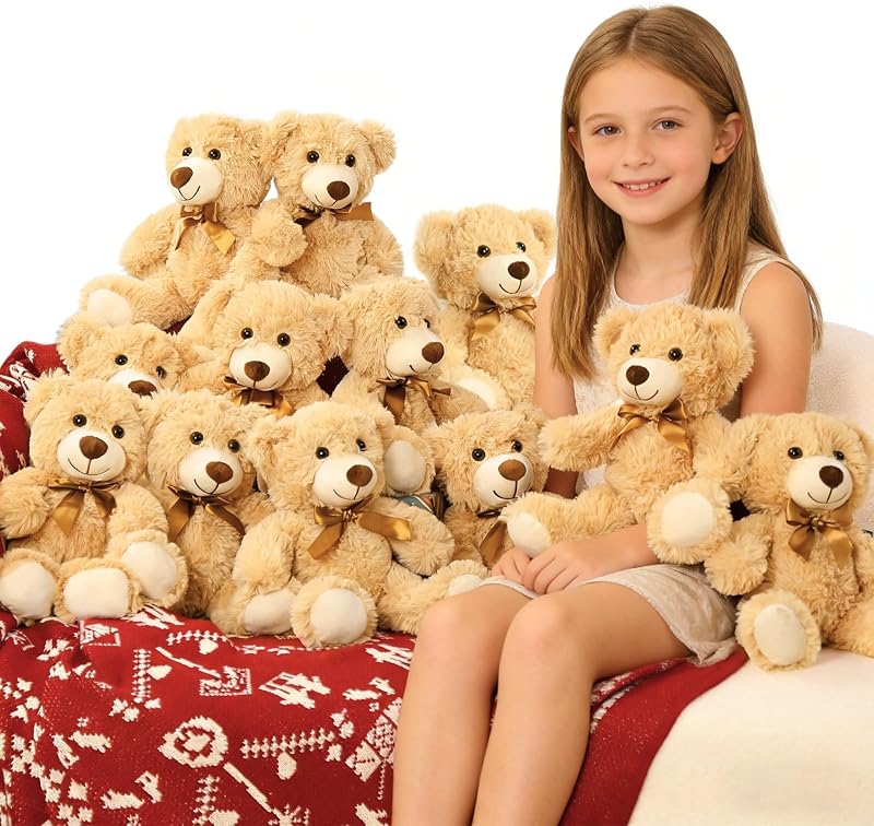 12 Bulk Soft Teddy Bears Stuffed Animals Kids Girls Gift, 14 Inch | Classic teddies. Machine washable. Valentines, Christmas, gender reveal baby shower party decor, wholesale plushies