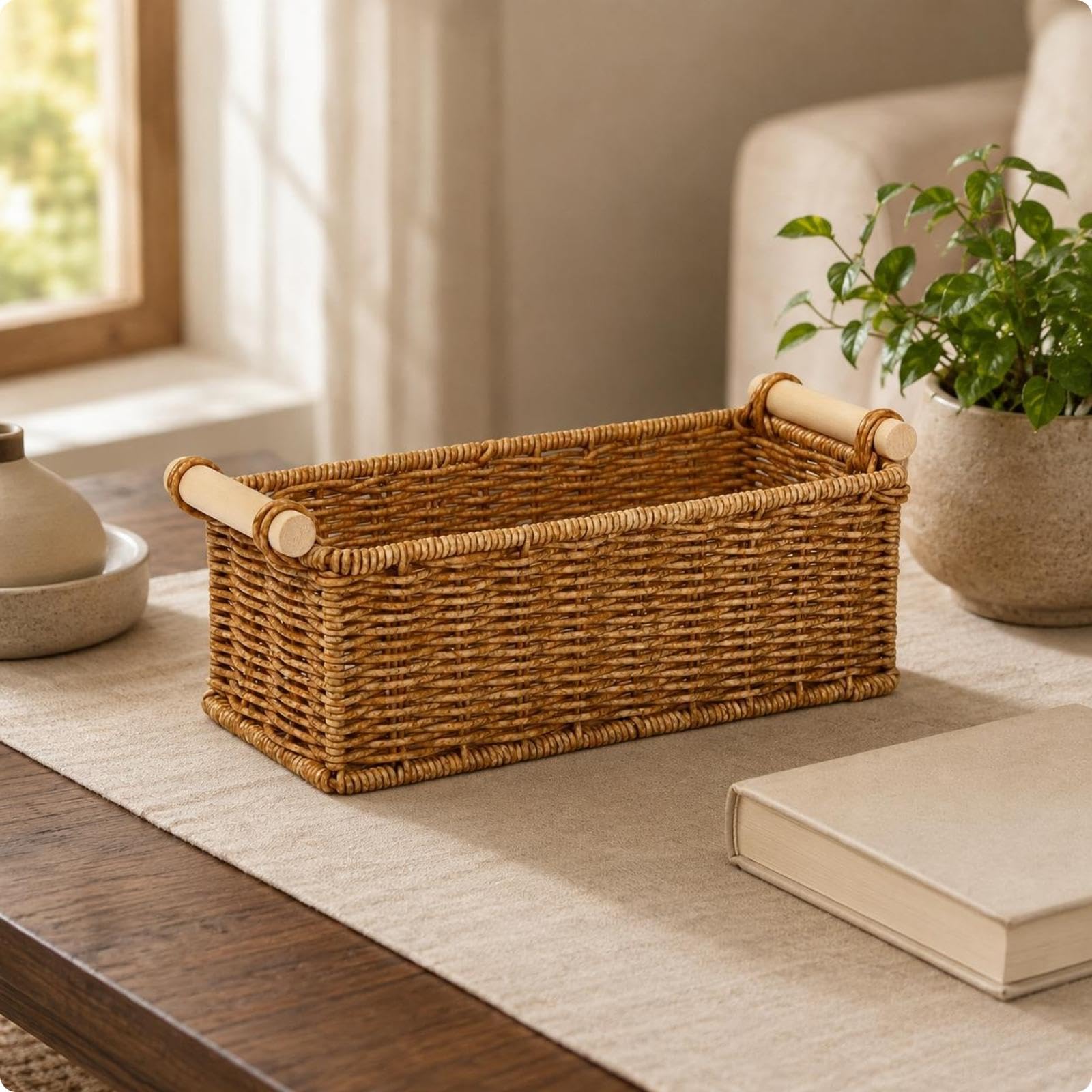 Rectangular Storage Basket Reinforced Rim Rattandesign Basket Woven Household Organizer M Wood Handle-image-45