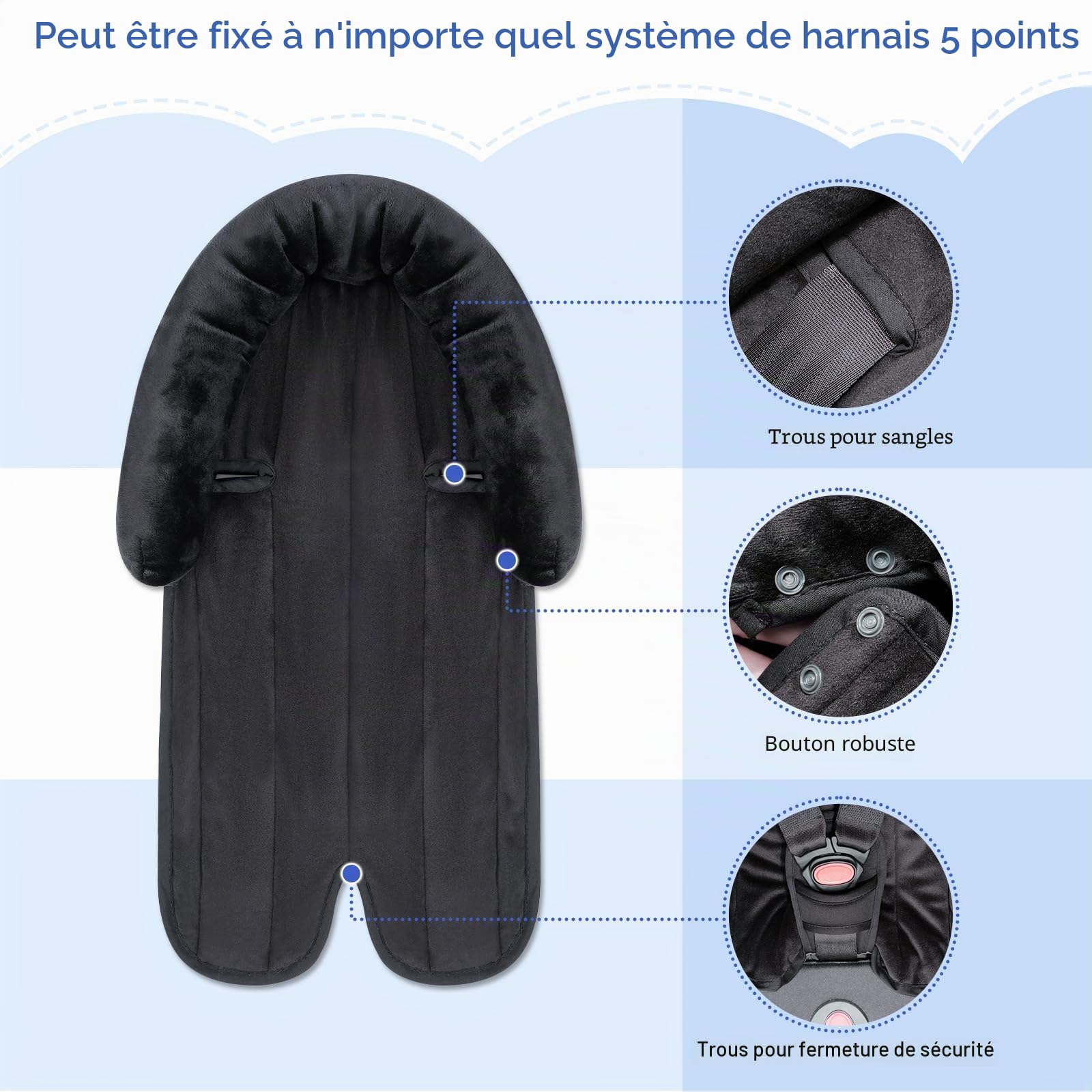 INFANZIA Réducteur de siège bébé 2 en 1 universel pour toutes les poussettes buggy, insert nouveau-né, appui-tête pour siège bébé et sièges auto, idéal pour toutes les saisons, 51 x 30 cm, noir